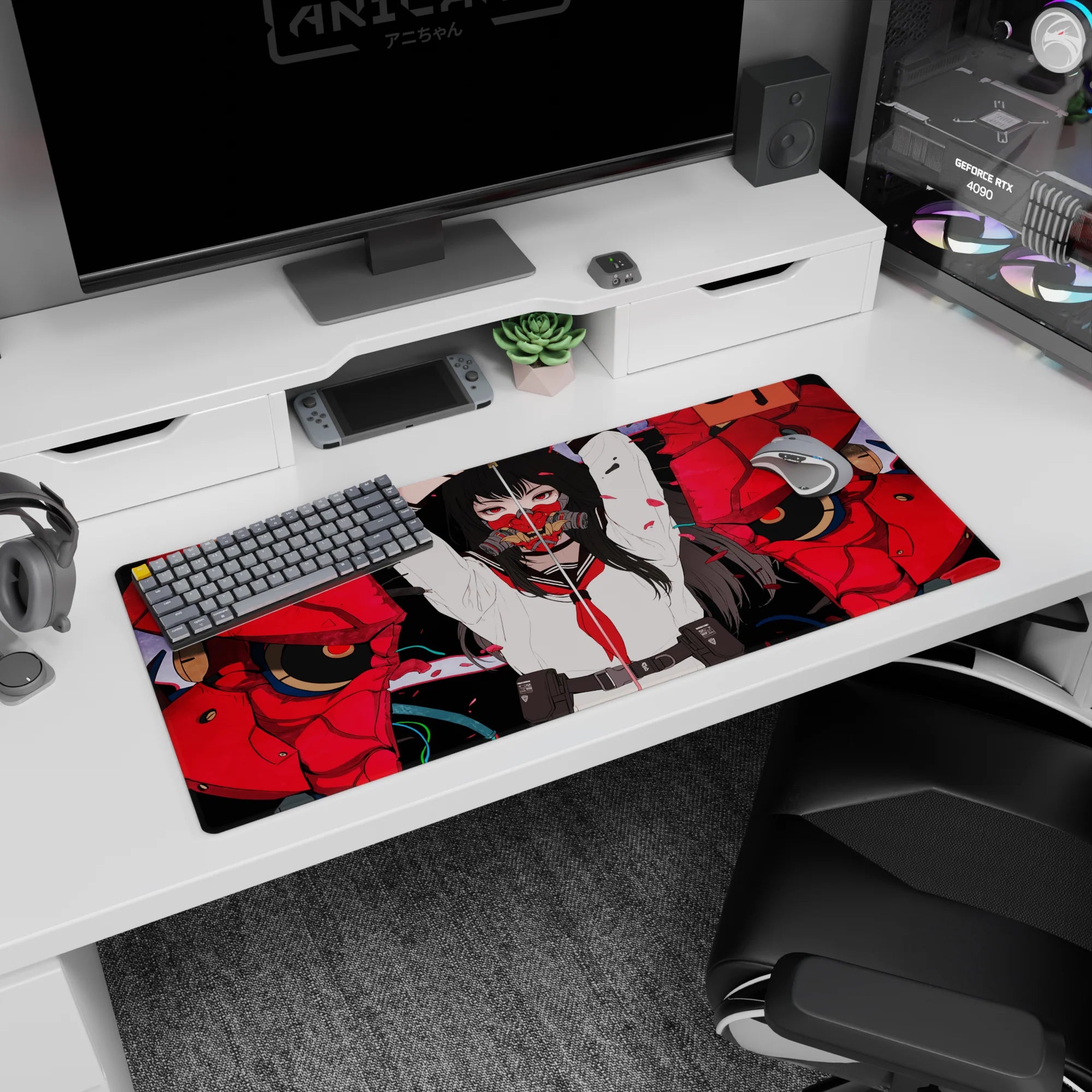 36x16 inches desk pad featuring a school-uniform anime girl with long black hair and sharp red eyes.