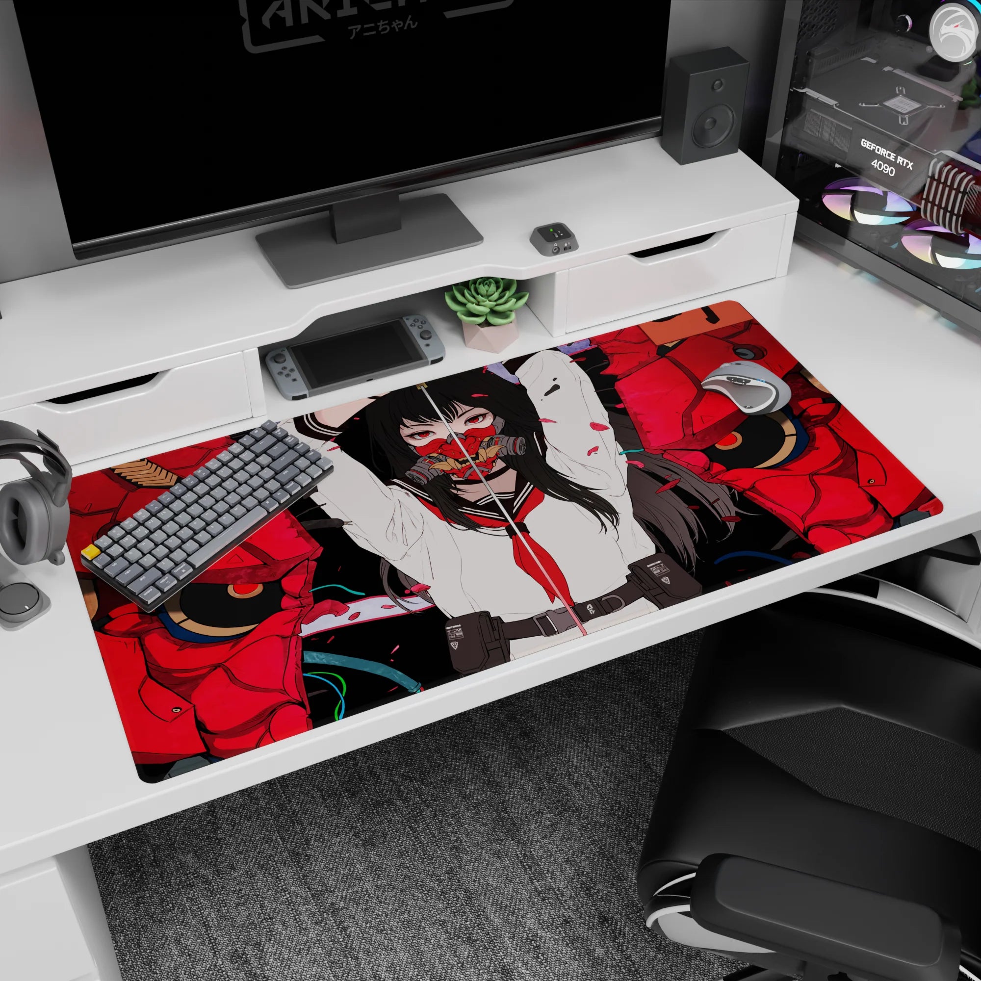 Anime girl desk pad 40x20 inches showing long black hair, red eyes, and a split oni mask in mid-action.