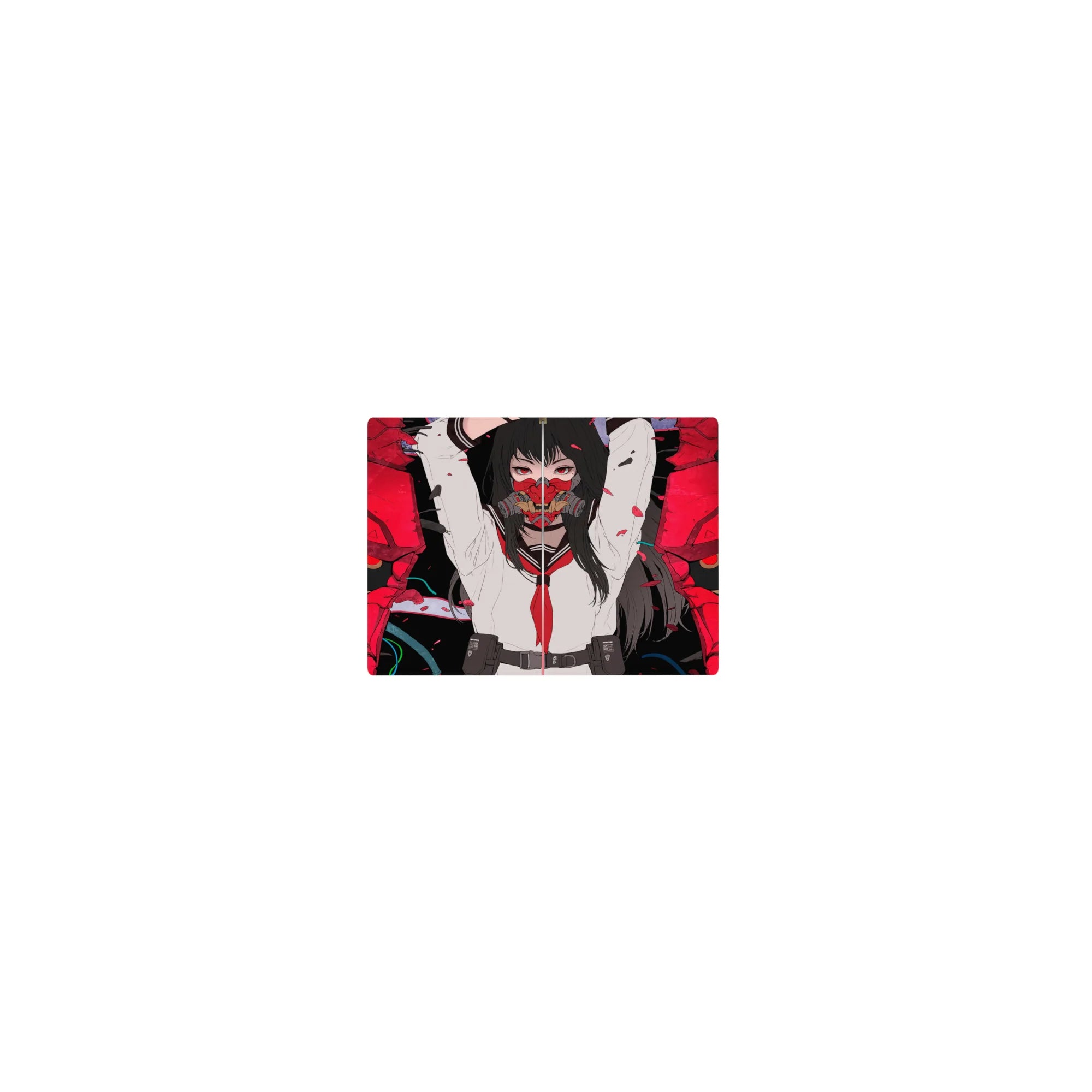 Classic anime girl mouse pad 14x10 inches with school uniform, split red oni mask, cracked armor, petals.