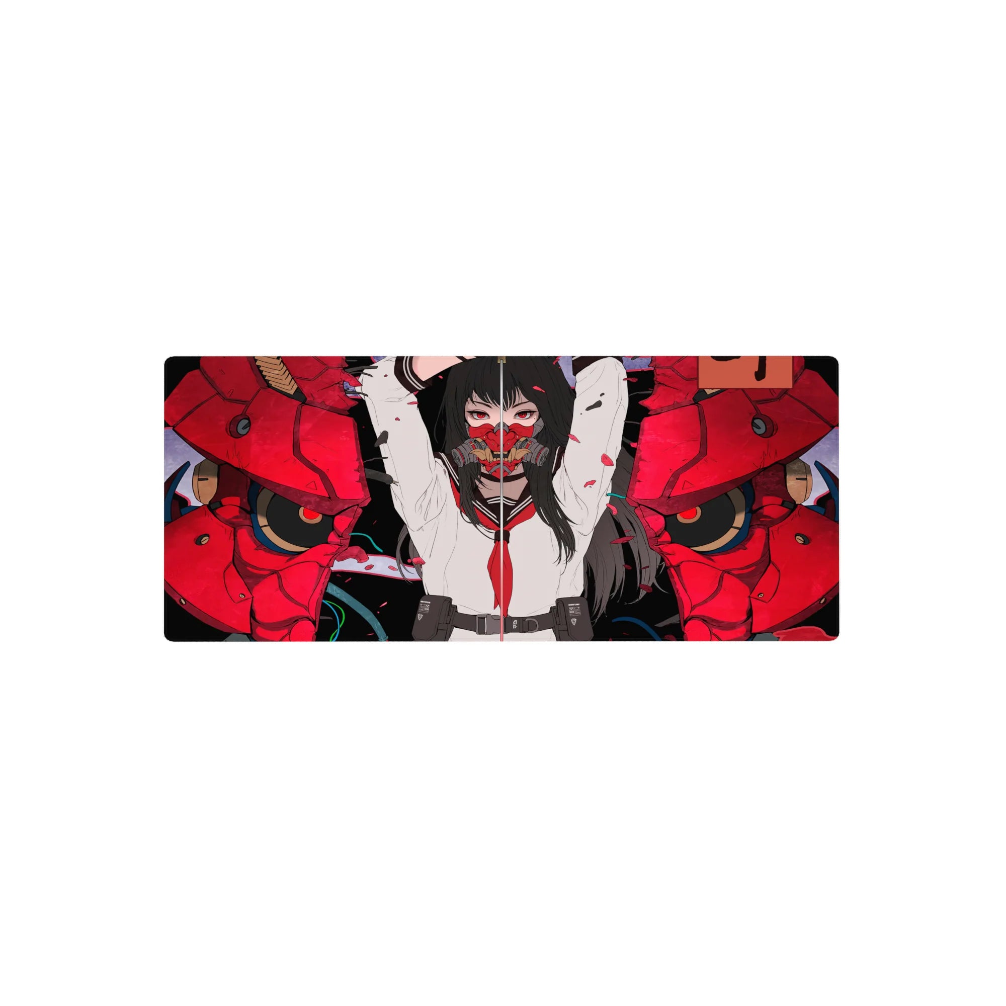28x12 inches anime girl mouse pad with school-uniform warrior, split red oni mask, cracked armor, petals.