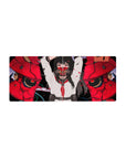 28x12 inches anime girl mouse pad with school-uniform warrior, split red oni mask, cracked armor, petals.