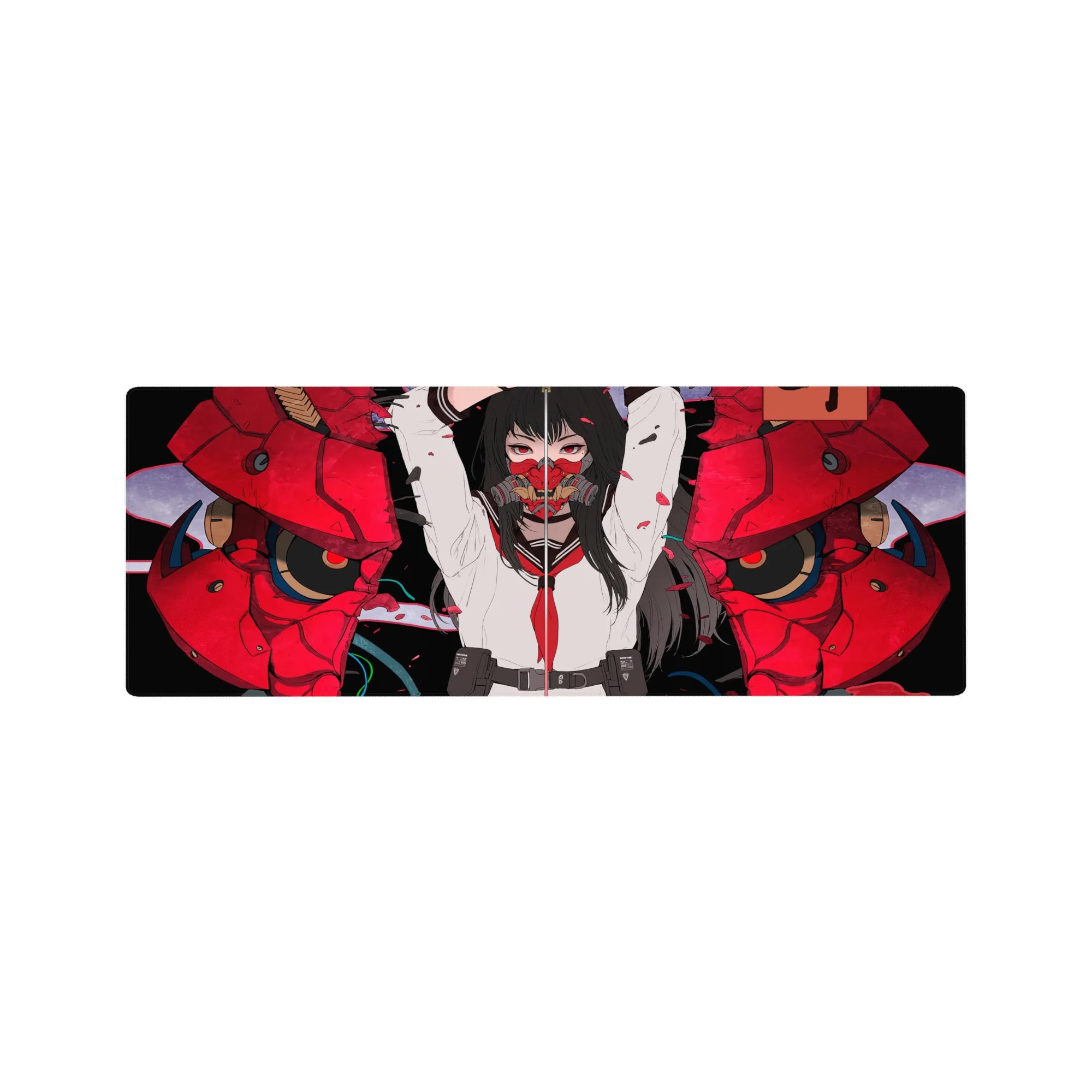 32x12 inches anime girl mouse pad with red oni mask split, cracked armor texture, petals and debris.