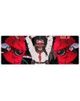 32x12 inches anime girl mouse pad with red oni mask split, cracked armor texture, petals and debris.