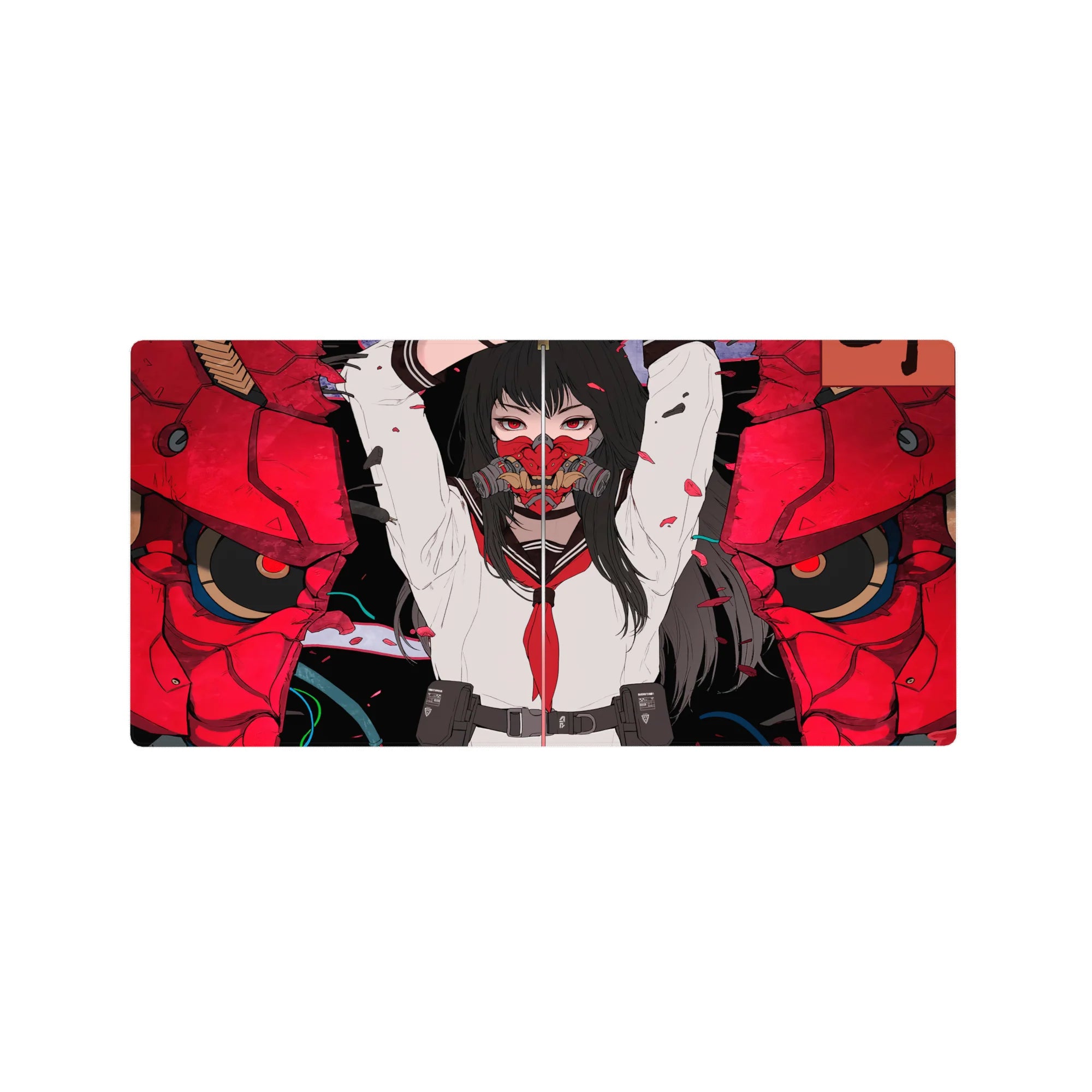Anime girl mouse pad 32x16 inches with school-uniform warrior, split red oni mask, cracked armor look.