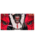 Anime girl mouse pad 32x16 inches with school-uniform warrior, split red oni mask, cracked armor look.