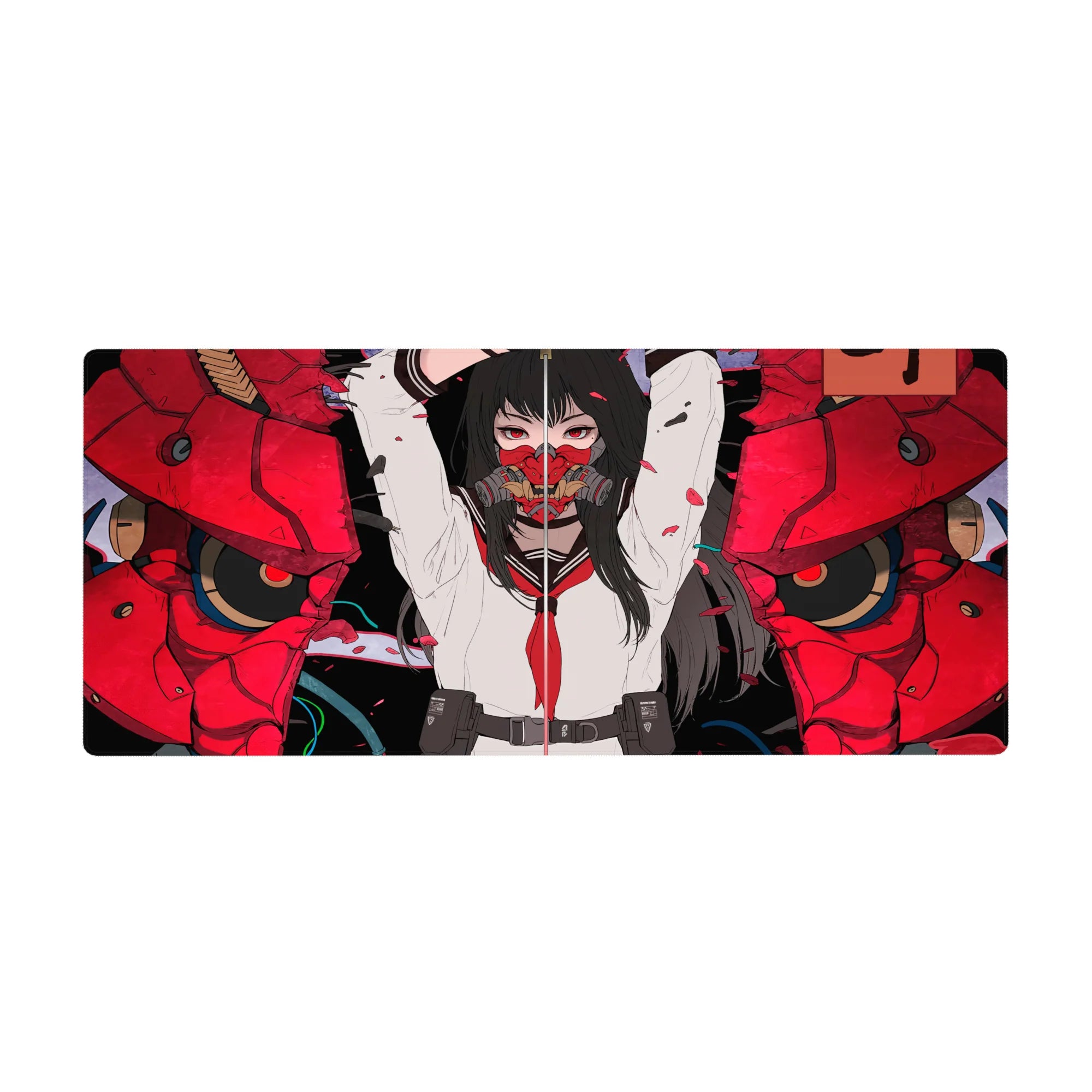 36x16 inches anime girl desk pad with red oni mask split, cracked armor texture, petals and debris detail.