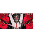 36x16 inches anime girl desk pad with red oni mask split, cracked armor texture, petals and debris detail.