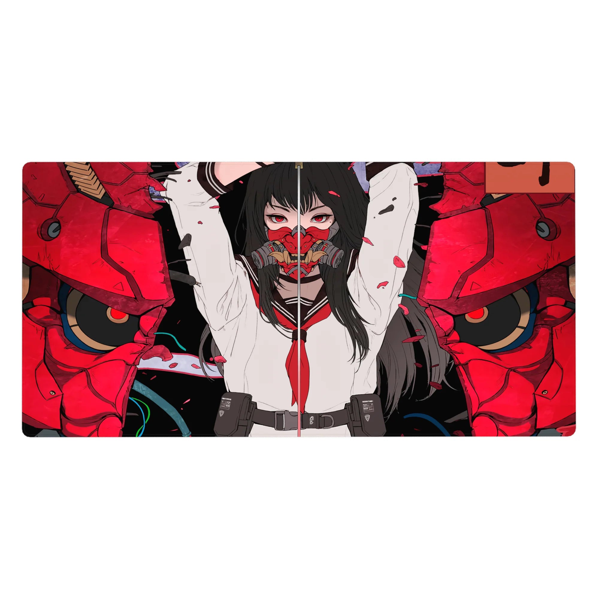 Anime girl desk pad 40x20 inches with school-uniform warrior, red oni mask split, cracked armor accents.