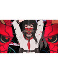 Anime girl desk pad 40x20 inches with school-uniform warrior, red oni mask split, cracked armor accents.