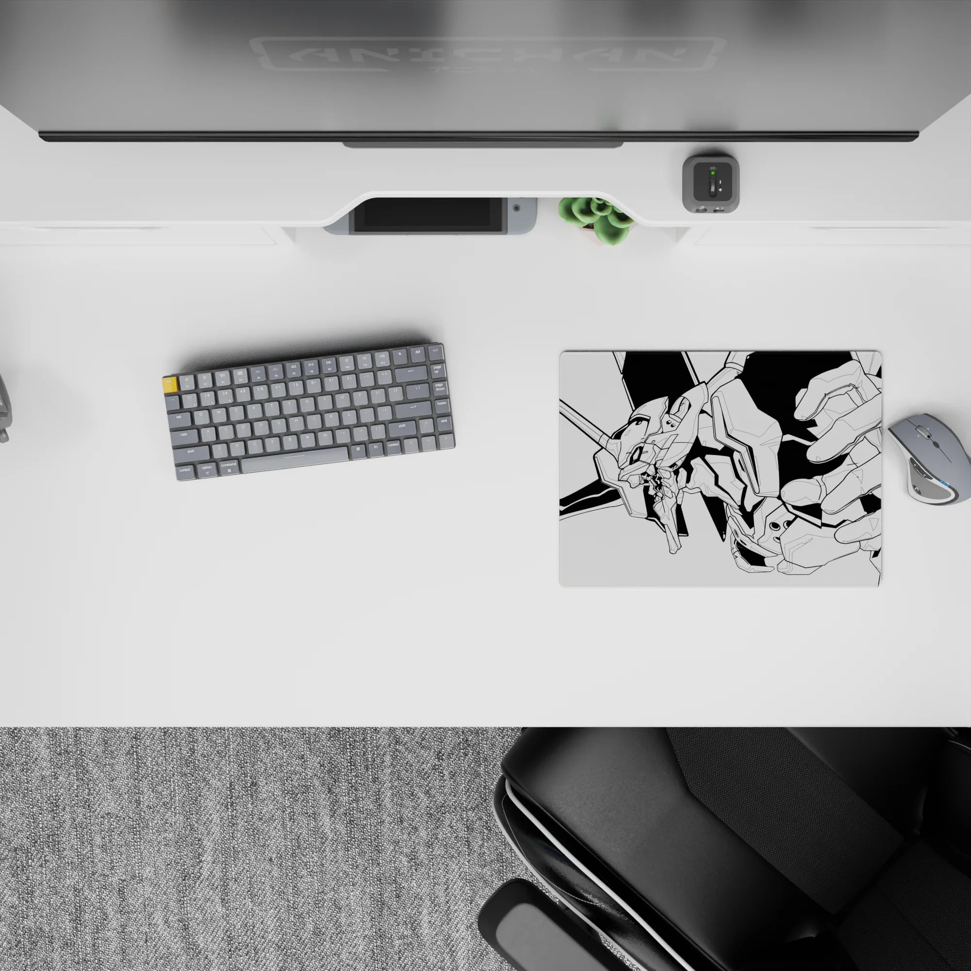 Minimalist anime mouse pad featuring Unit-01 from Evangelion in black-and-white line art, size 14x10 inches.