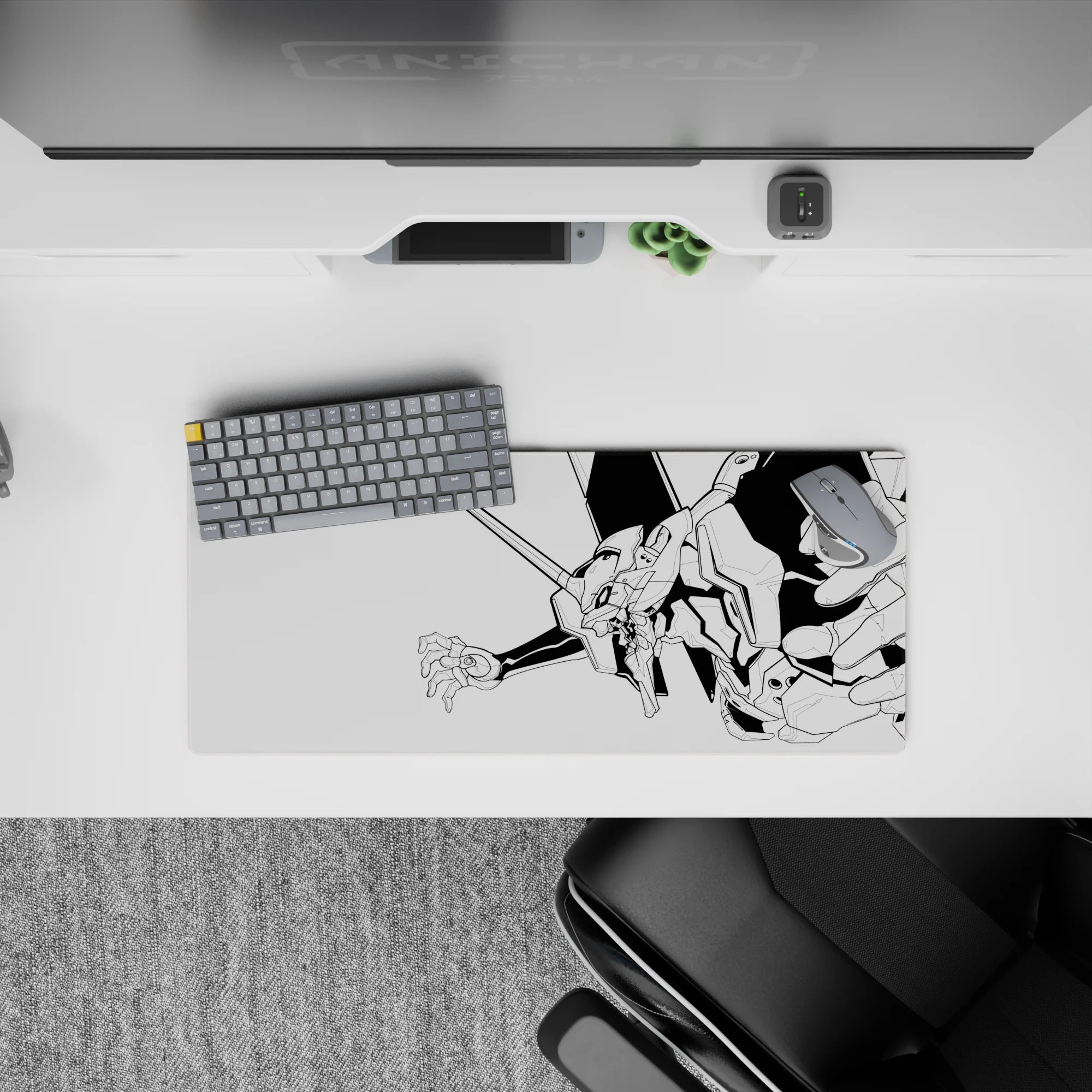 Evangelion Unit-01 anime mouse pad, 28x12 inches, black-and-white line art, minimalist design with bold impact.