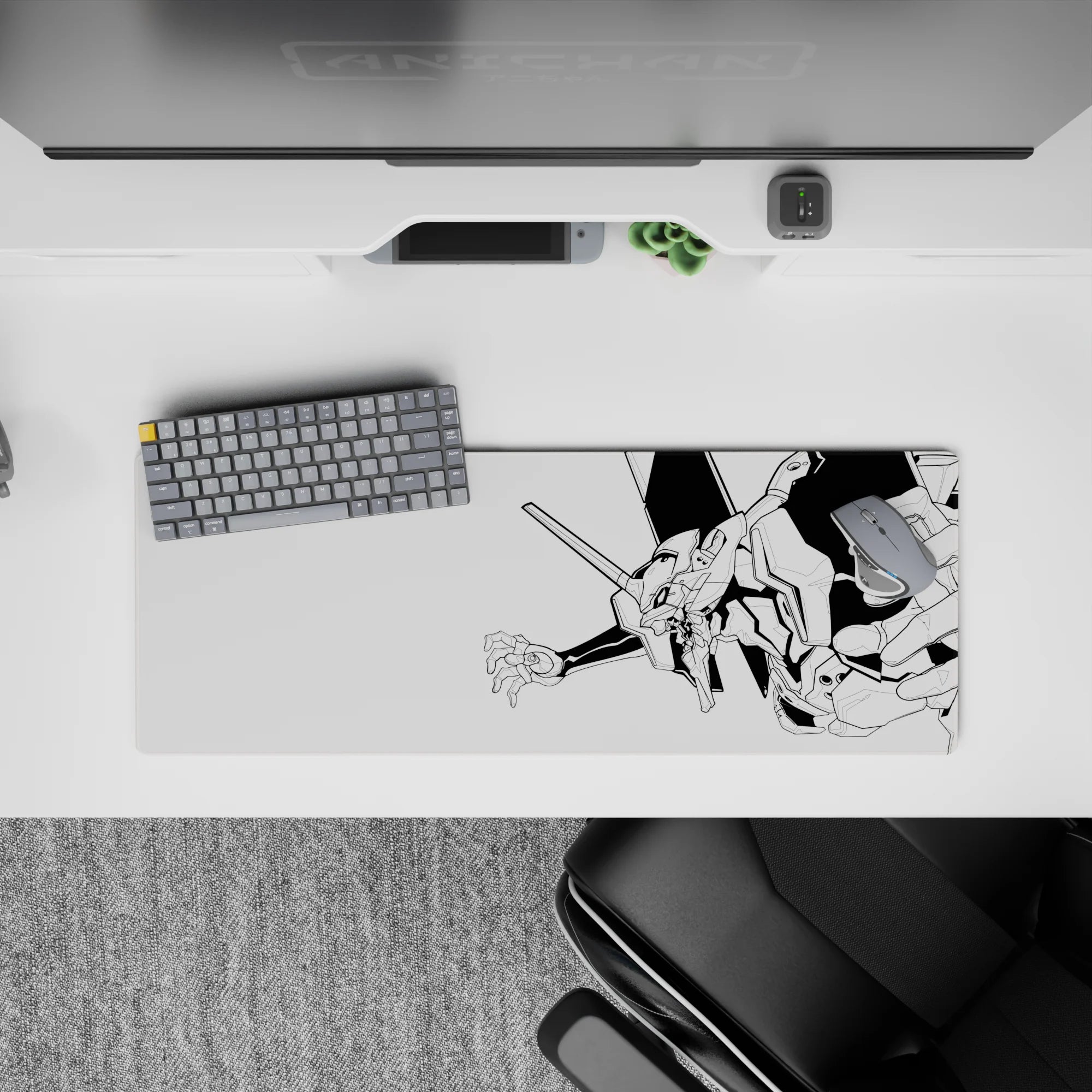 Evangelion anime mouse pad featuring Unit-01 in black-and-white line art, sized 32x12 inches, blends minimalism with impact.