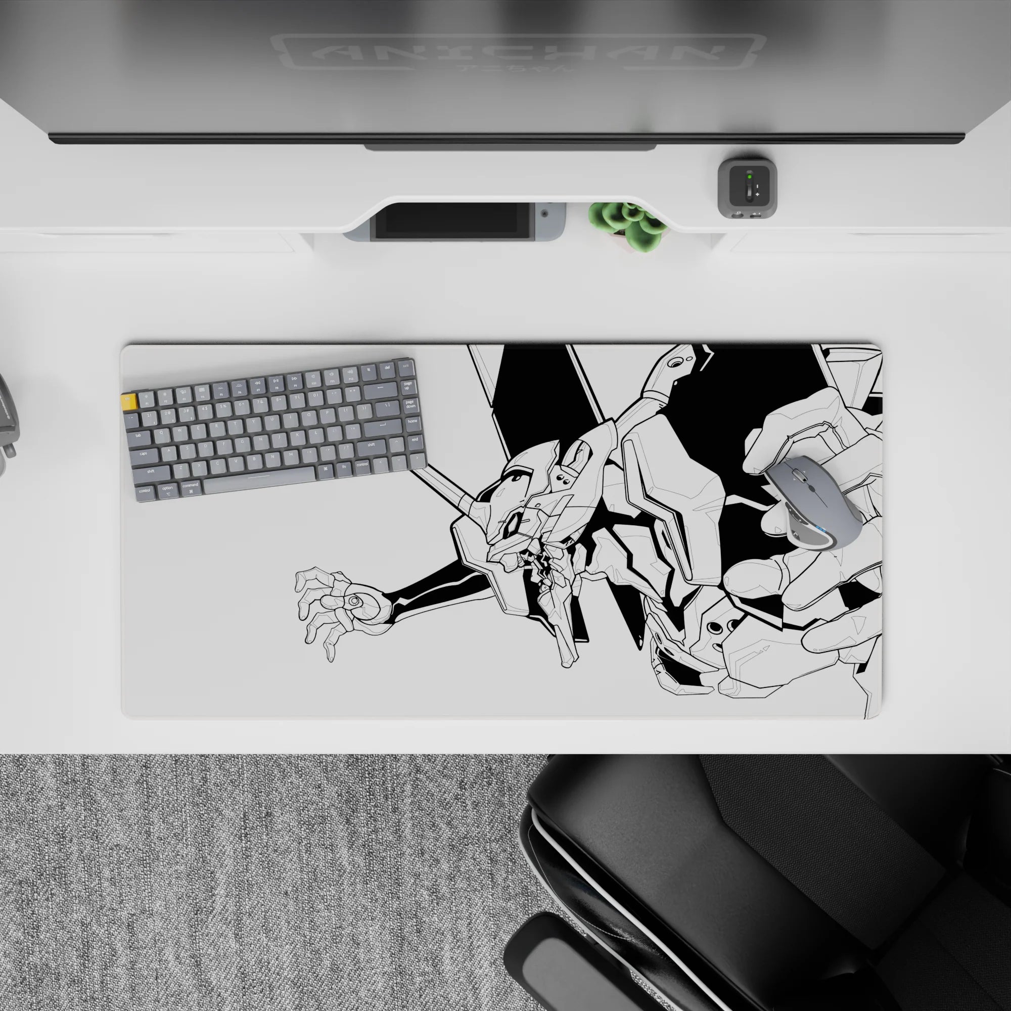 Minimalist 32x16 inch anime mouse pad featuring Evangelion&#39;s Unit-01 in sharp black-and-white line art, perfect for fans.