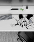 Evangelion Unit-01 anime mouse pad, minimalist black-and-white design, 36x16 inches, sharp and powerful desk accessory.