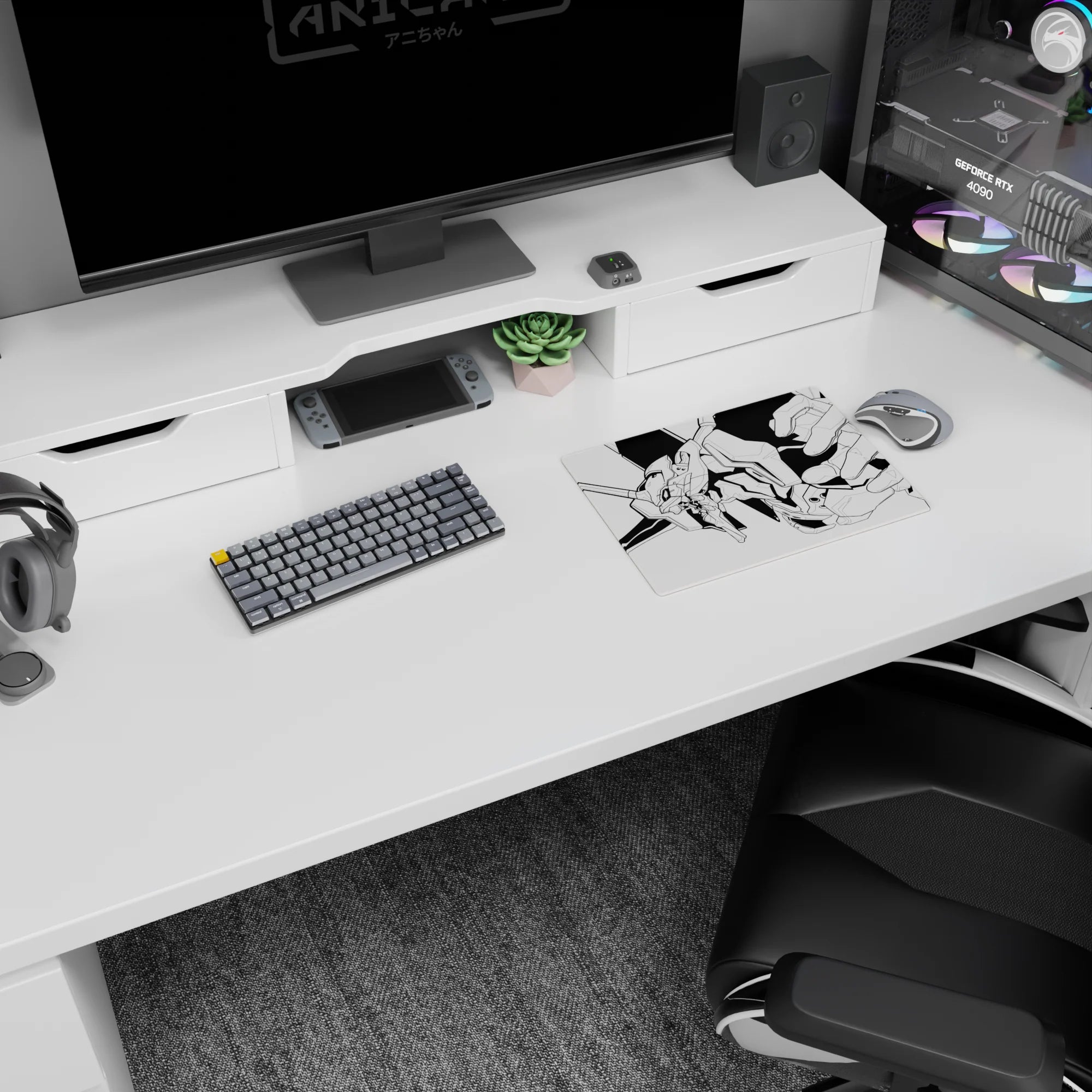 Anime mouse pad featuring Evangelion&#39;s Unit-01 in black-and-white line art, 14x10 inches, minimalist and striking.