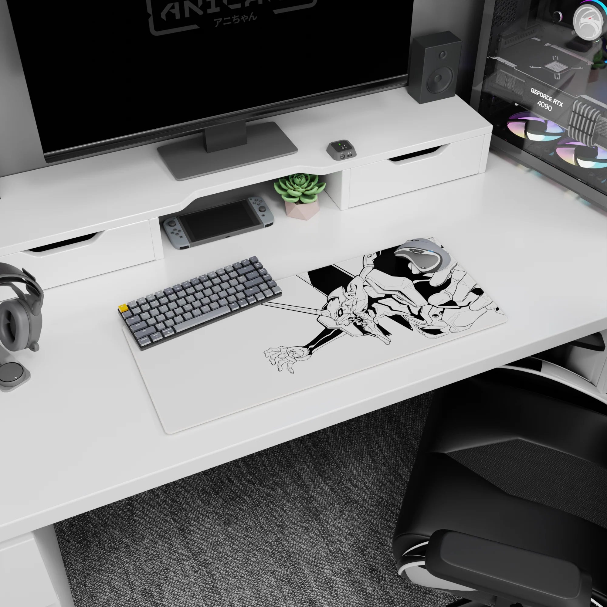 Evangelion Unit-01 anime mouse pad featuring minimalist black-and-white line art, measuring 28x12 inches.