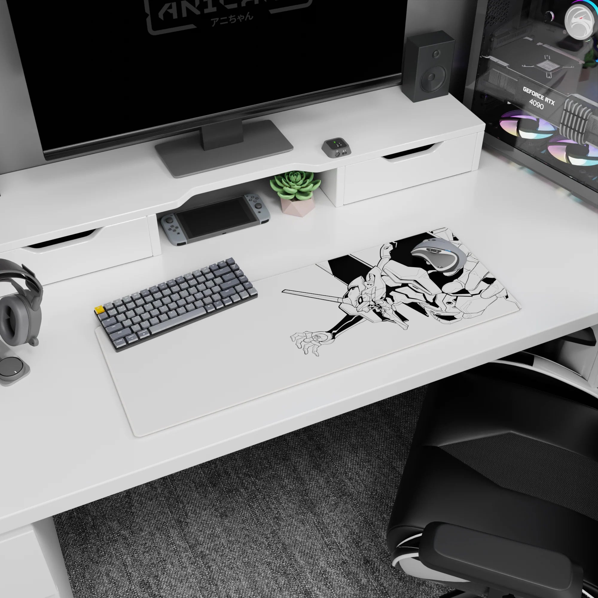 Anime mouse pad 32x12 inches featuring Unit-01 from Evangelion in minimalist black-and-white line art, bold and iconic.