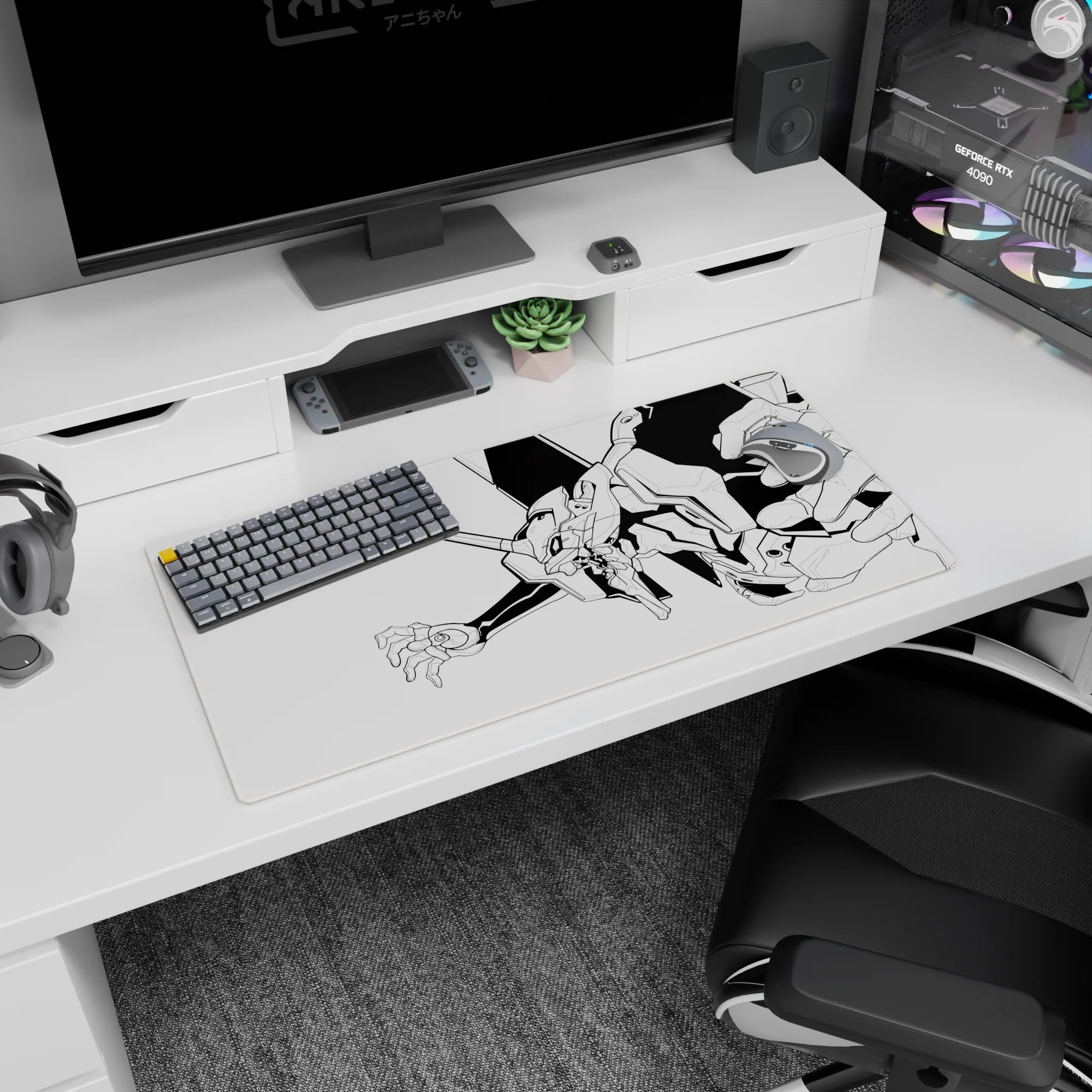 Evangelion Unit-01 anime mouse pad featuring minimalist black-and-white line art, size 32x16 inches.
