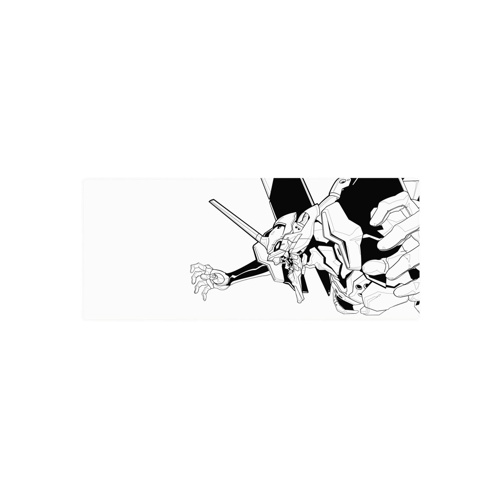 Evangelion Unit-01 black-and-white anime mouse pad, 28x12 inches, featuring minimalist sharp line art and iconic design.
