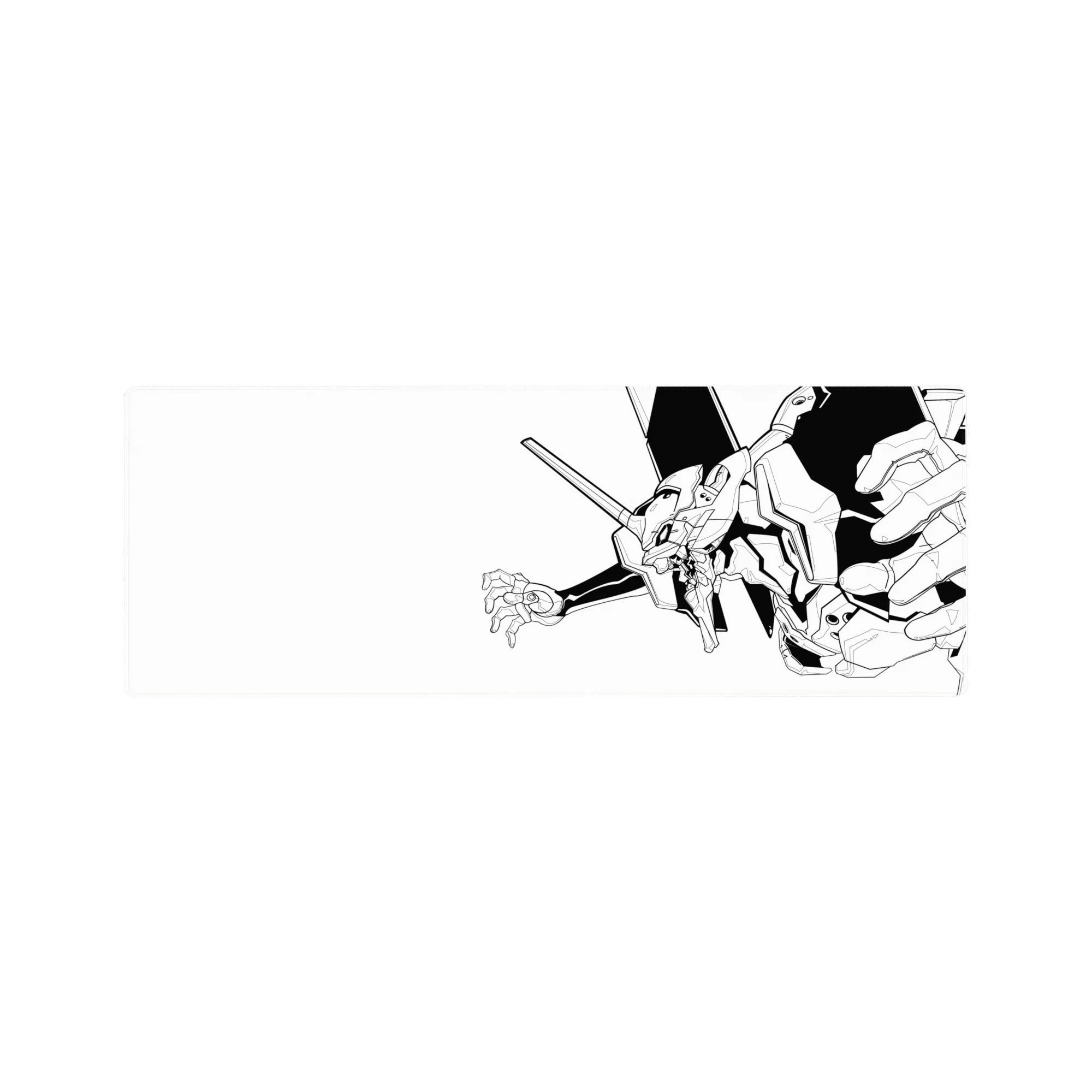 Evangelion Unit-01 anime mouse pad in black-and-white line art, size 32x12 inches, showcasing minimalist, powerful design.