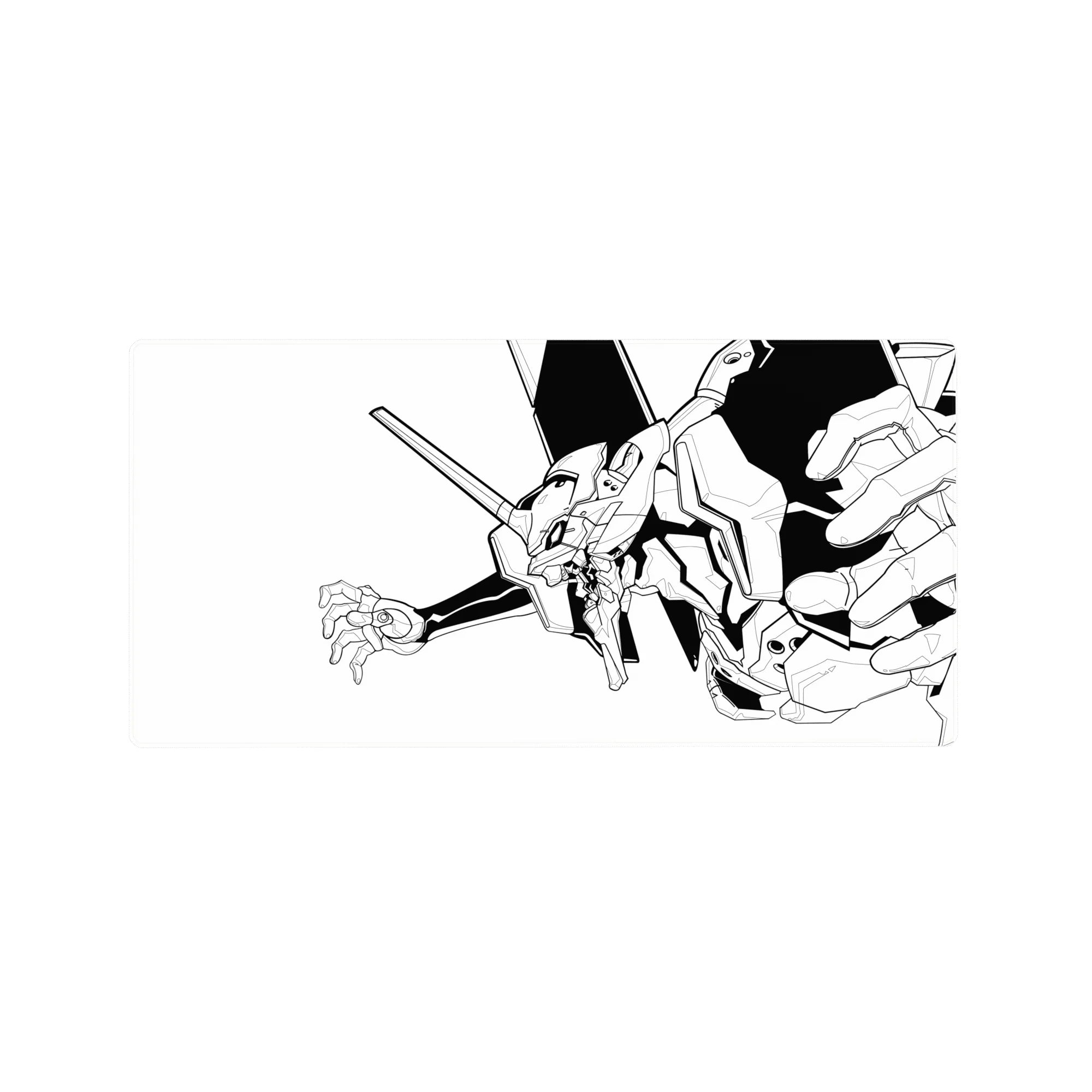 Evangelion Unit-01 anime mouse pad, minimalist black-and-white line art, 32x16 inches, perfect for clean desk aesthetics.