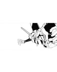 Evangelion Unit-01 minimalist desk pad, 36x16 inches, features black-and-white line art with dynamic angles and clawed fingers.