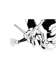 Anime mouse pad featuring Evangelion's Unit-01 in black-and-white line art, size 40x20 inches, minimalist design.