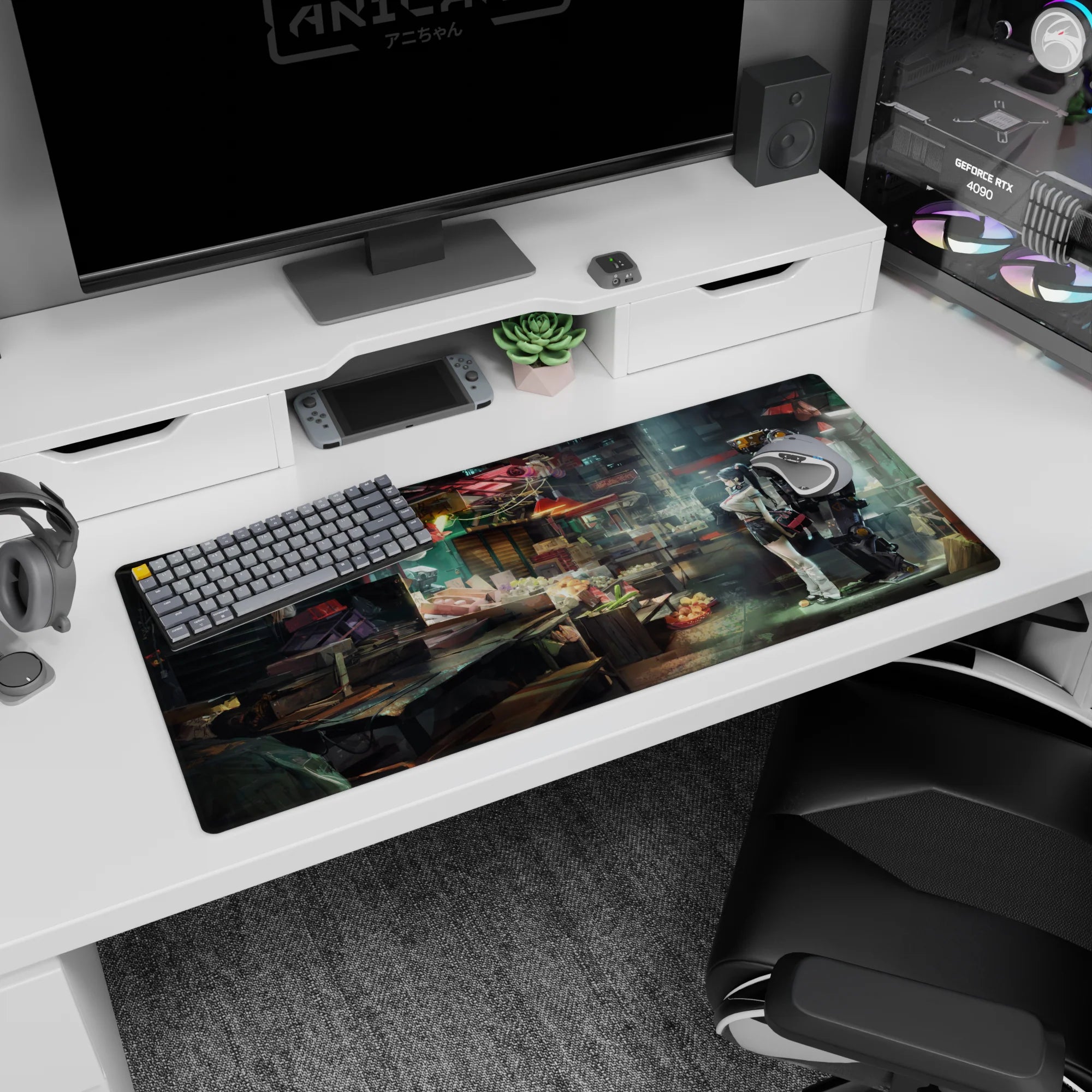Anime desk pad 36x16 inches showing a girl in white top and dark skirt leaning by a towering mech under lamps.