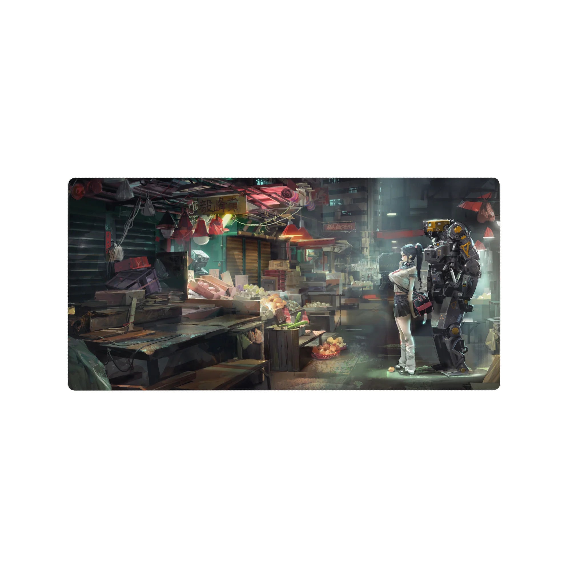 32x16 inches anime mouse pad with cyberpunk street market girl beside yellow-accent mech, rain-soaked detail.
