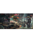 Anime desk pad 36x16 inches with neon street market scene, girl beside yellow-accent mech, rainy city detail.