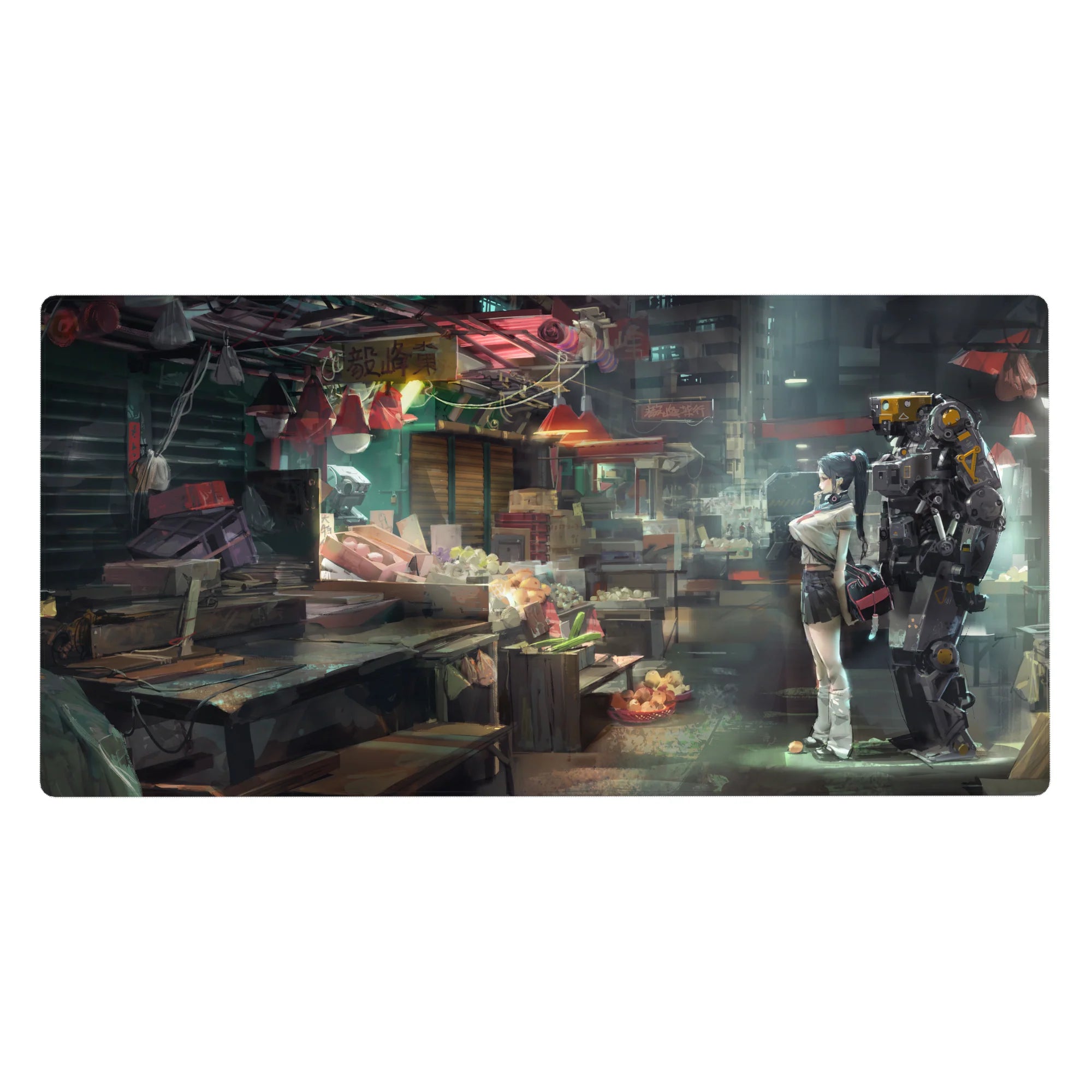 Anime desk pad 40x20 inches with neon street market scene, girl beside a glowing yellow-accent mech.