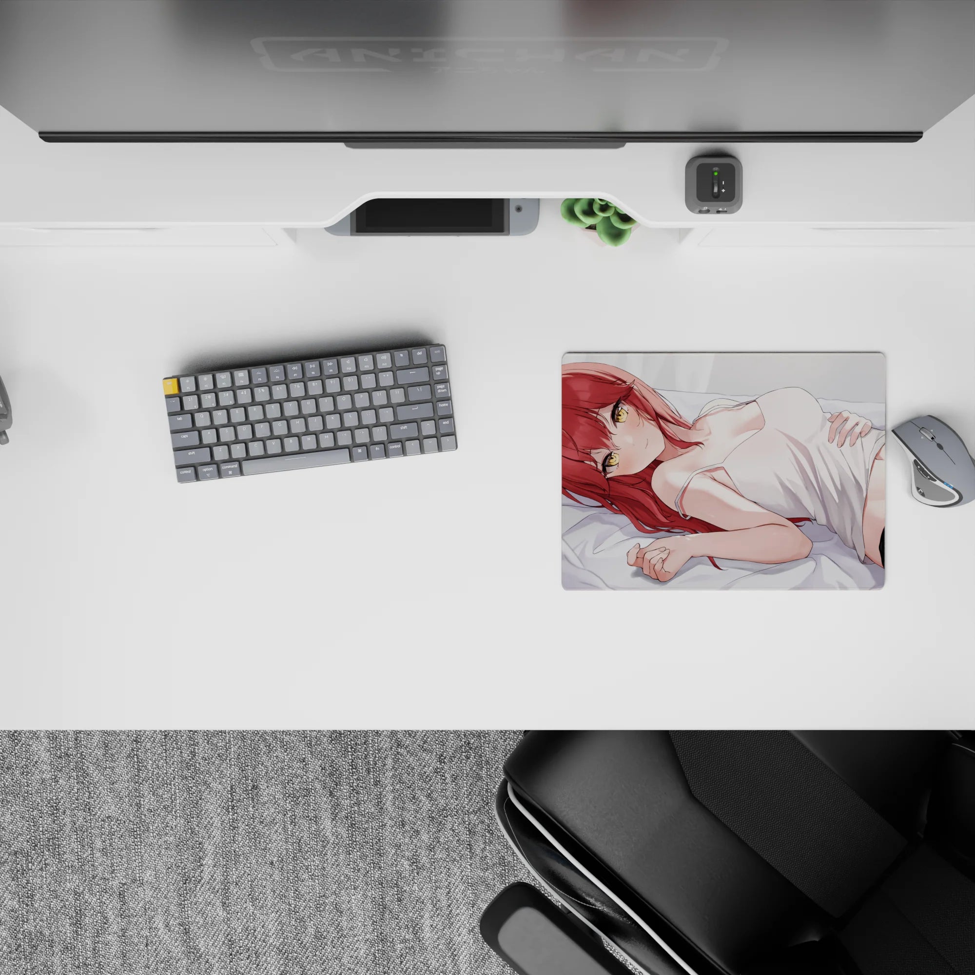 Flirty slice-of-life anime mouse pad 14x10 inches in creamy whites, blush tones, and bold black shorts.