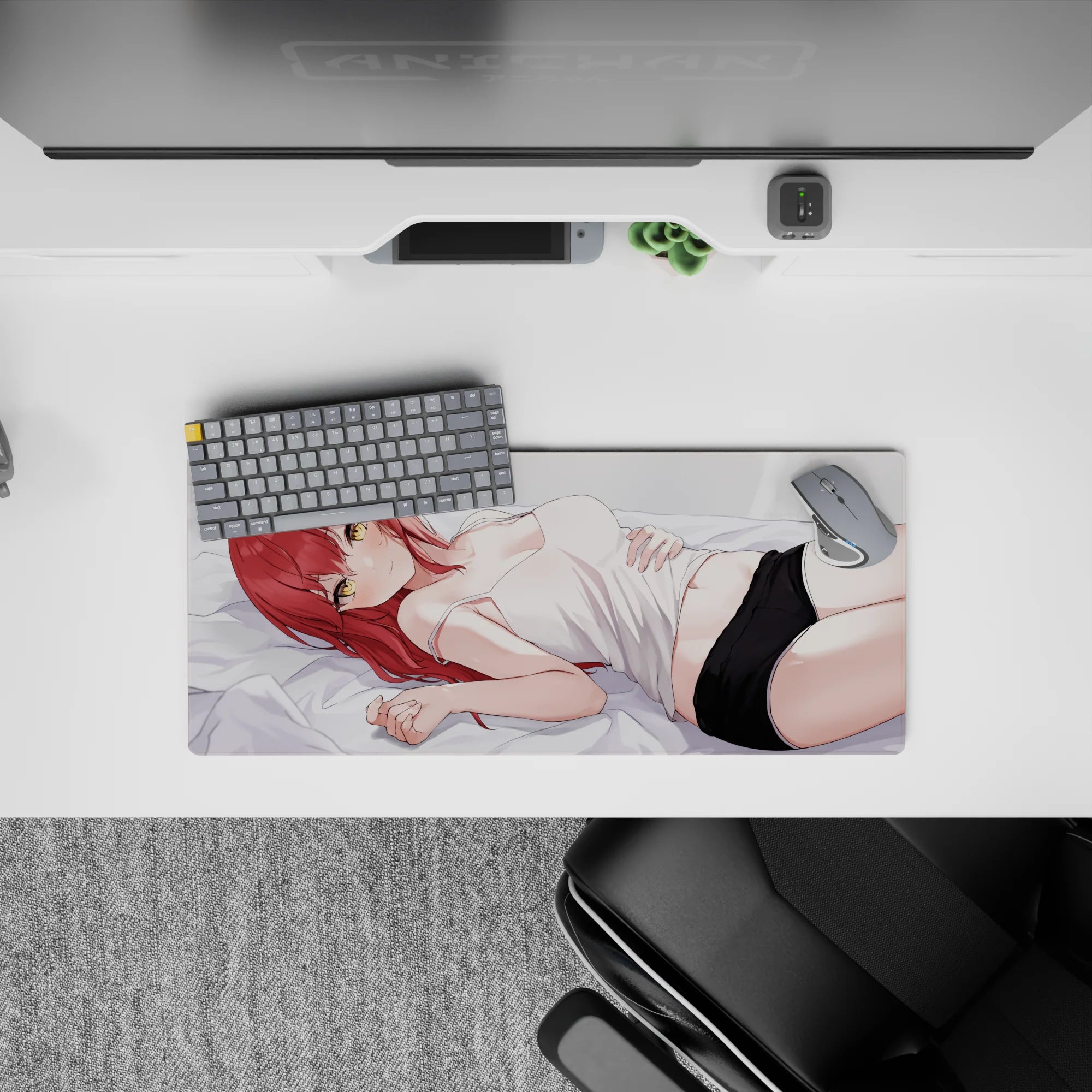 28x12 inches anime girl mouse pad in creamy whites, blush tones, and black shorts for a warm flirty mood.