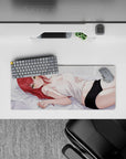 28x12 inches anime girl mouse pad in creamy whites, blush tones, and black shorts for a warm flirty mood.