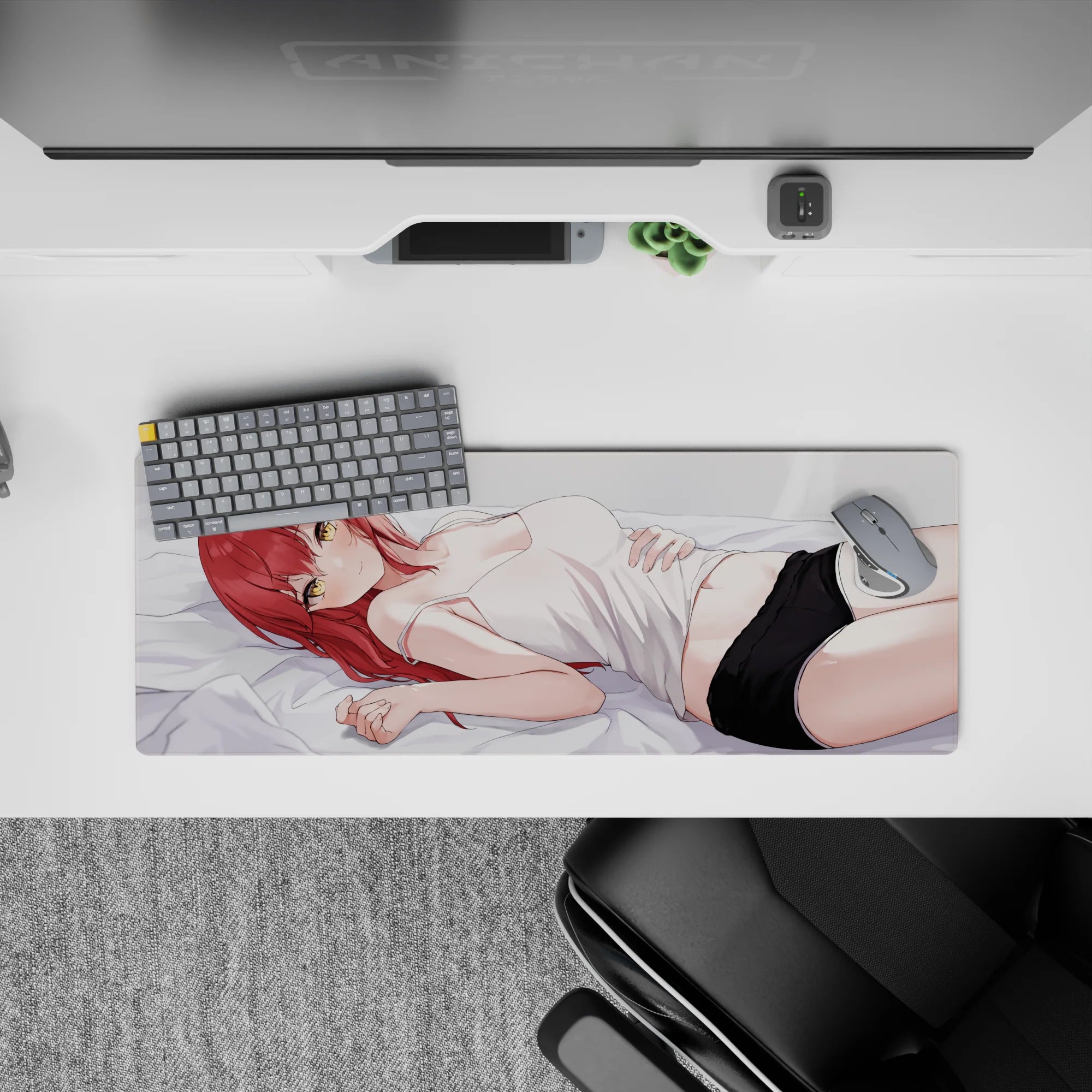 32x12 inches anime girl mouse pad in creamy whites and blush tones, flirty cozy vibe with bold contrast.