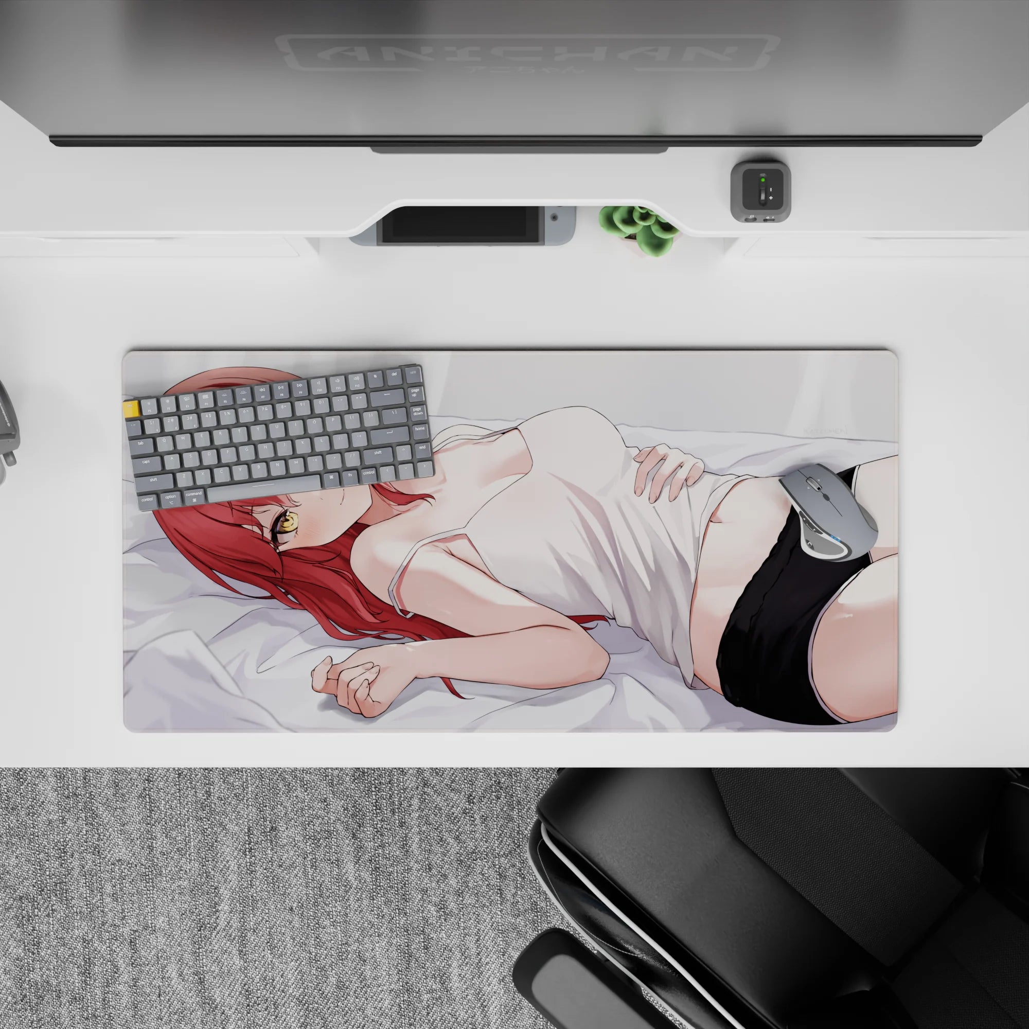32x16 inches anime girl mouse pad in creamy whites, blush tones, and black shorts for a cozy flirty vibe.