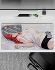 32x16 inches anime girl mouse pad in creamy whites, blush tones, and black shorts for a cozy flirty vibe.