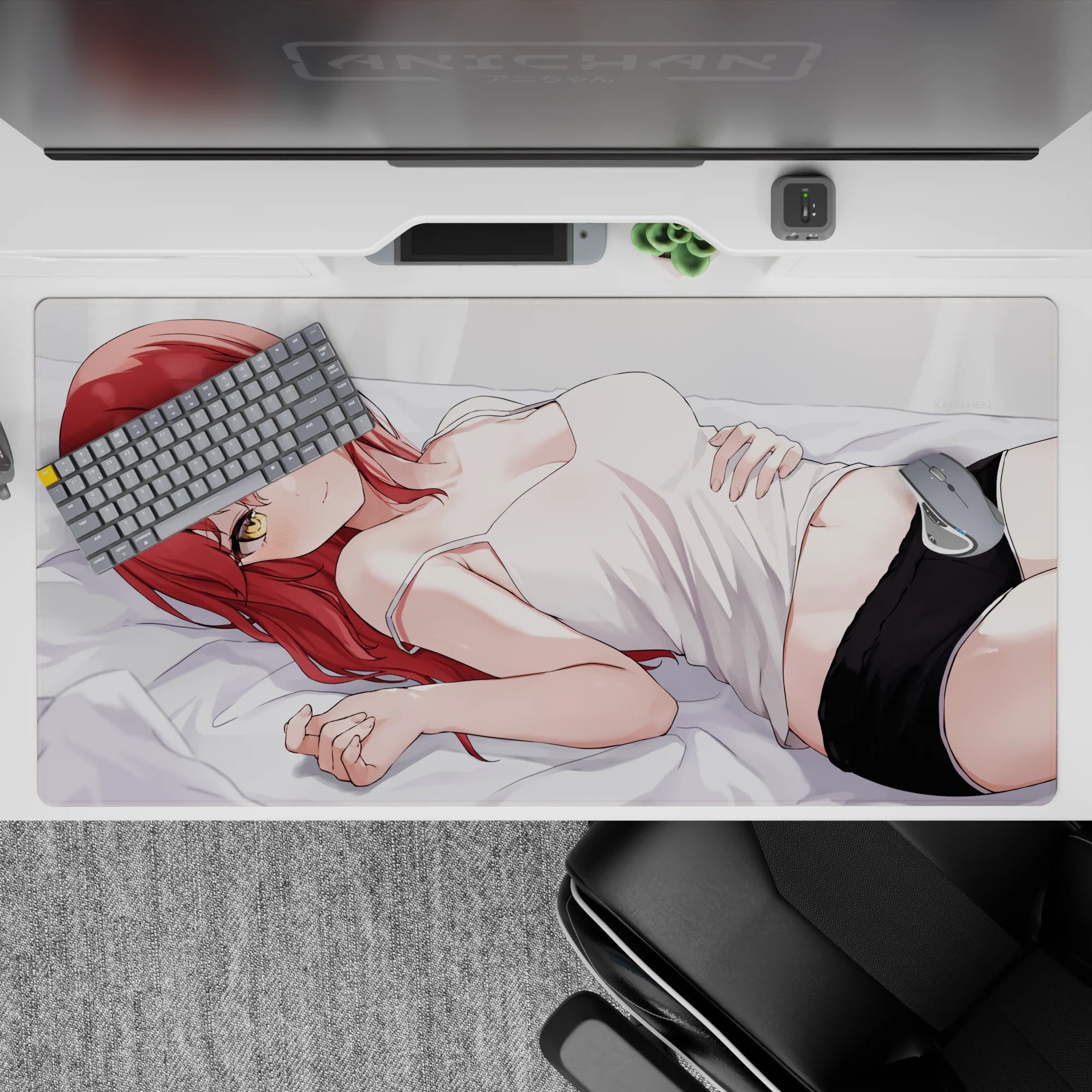 Cozy flirty anime desk pad 40x20 inches in creamy whites, blush tones, and black shorts contrast.