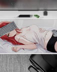 Cozy flirty anime desk pad 40x20 inches in creamy whites, blush tones, and black shorts contrast.