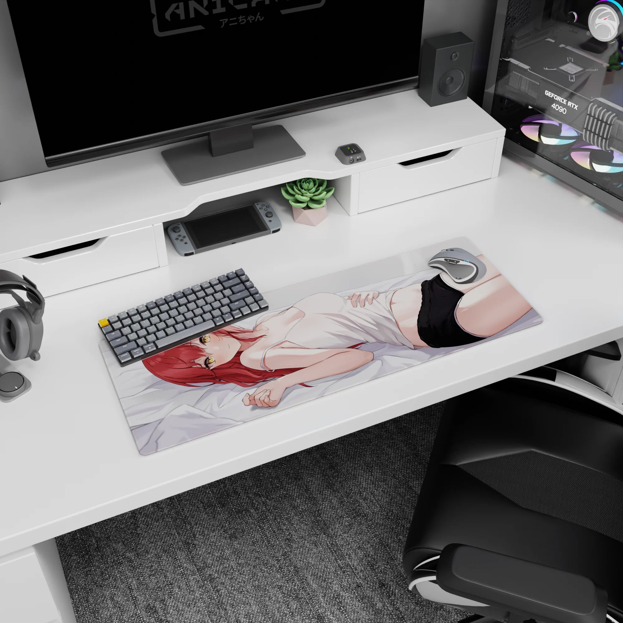 32x12 inches anime girl mouse pad showing a sly red-haired girl lounging on pale gray sheets, late-night mood.