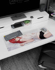 32x12 inches anime girl mouse pad showing a sly red-haired girl lounging on pale gray sheets, late-night mood.