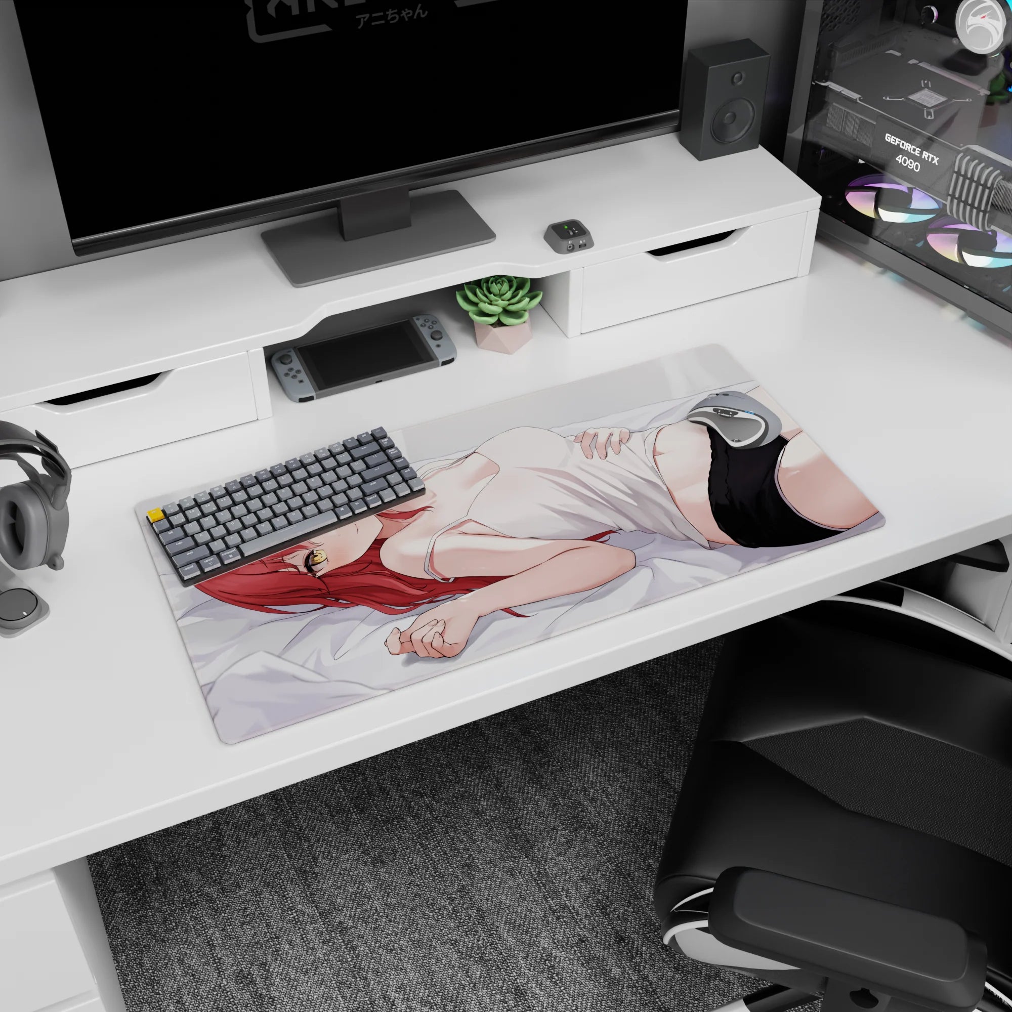 32x16 inches anime girl mouse pad showing a red-haired, golden-eyed girl in a white camisole on gray sheets.