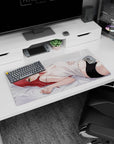 32x16 inches anime girl mouse pad showing a red-haired, golden-eyed girl in a white camisole on gray sheets.