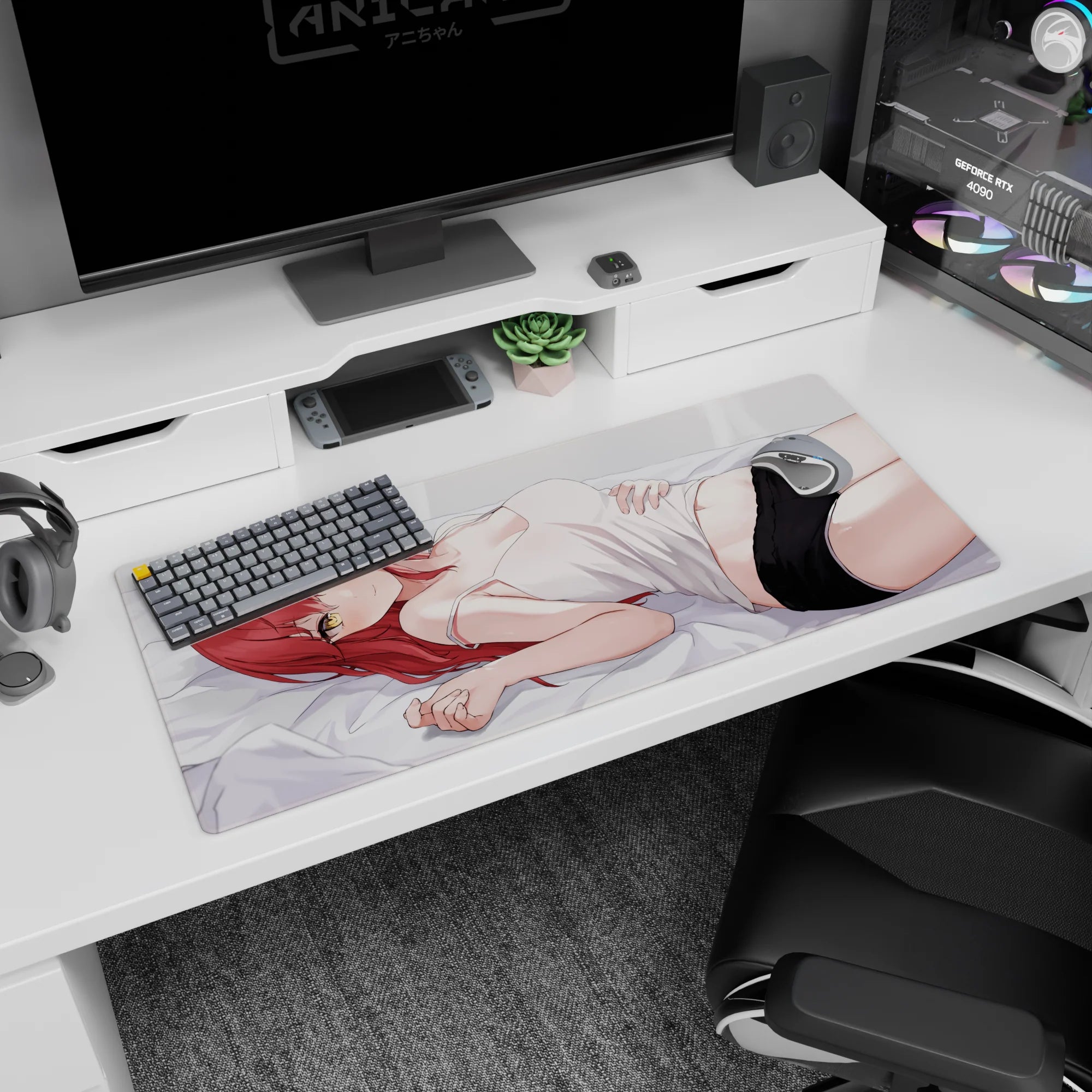 Red-haired, golden-eyed anime girl on pale gray sheets desk pad 36x16 inches, white camisole art.