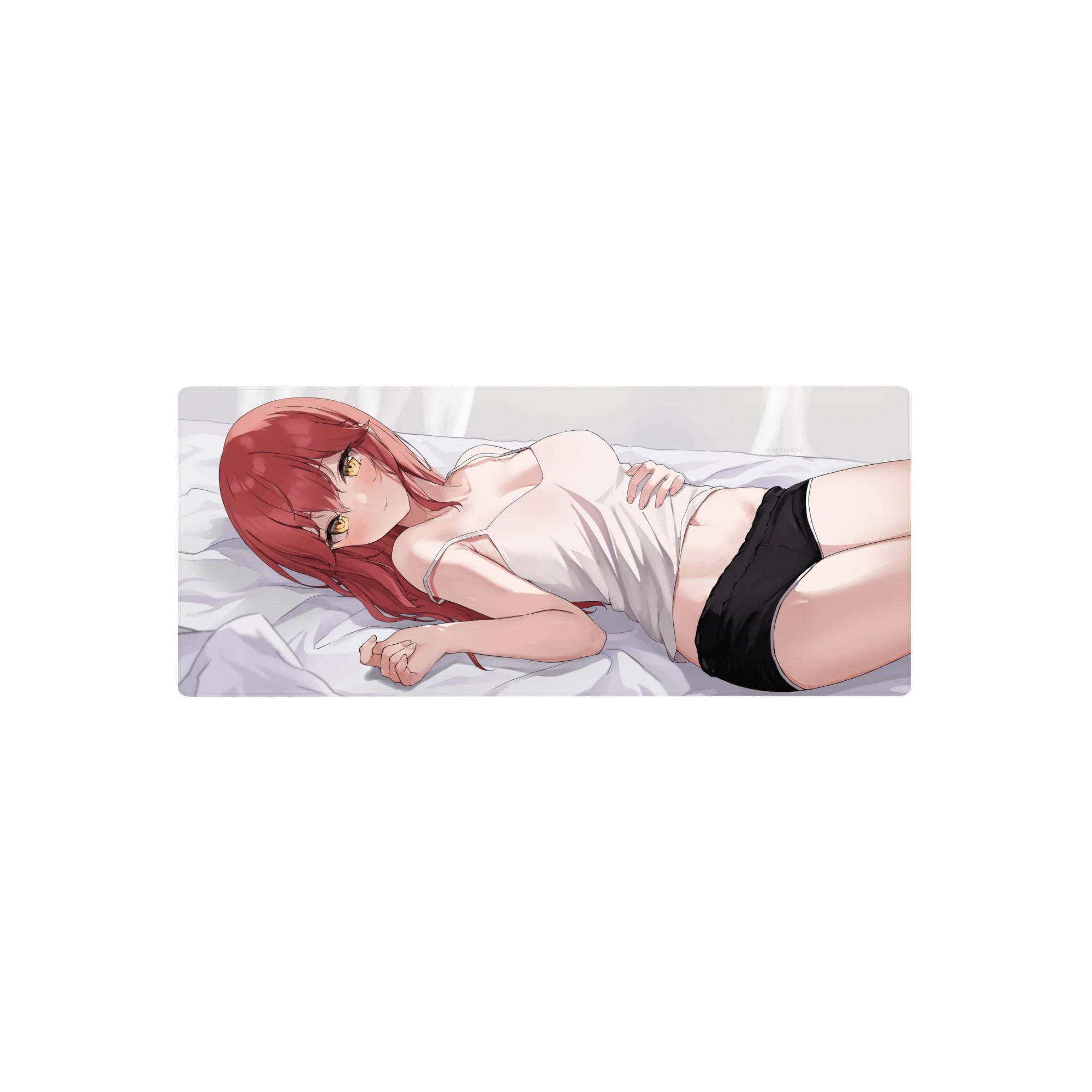 28x12 inches anime girl mouse pad with red-haired, golden-eyed gamer vibe on a cozy bed scene.