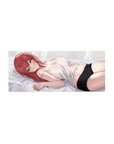 28x12 inches anime girl mouse pad with red-haired, golden-eyed gamer vibe on a cozy bed scene.