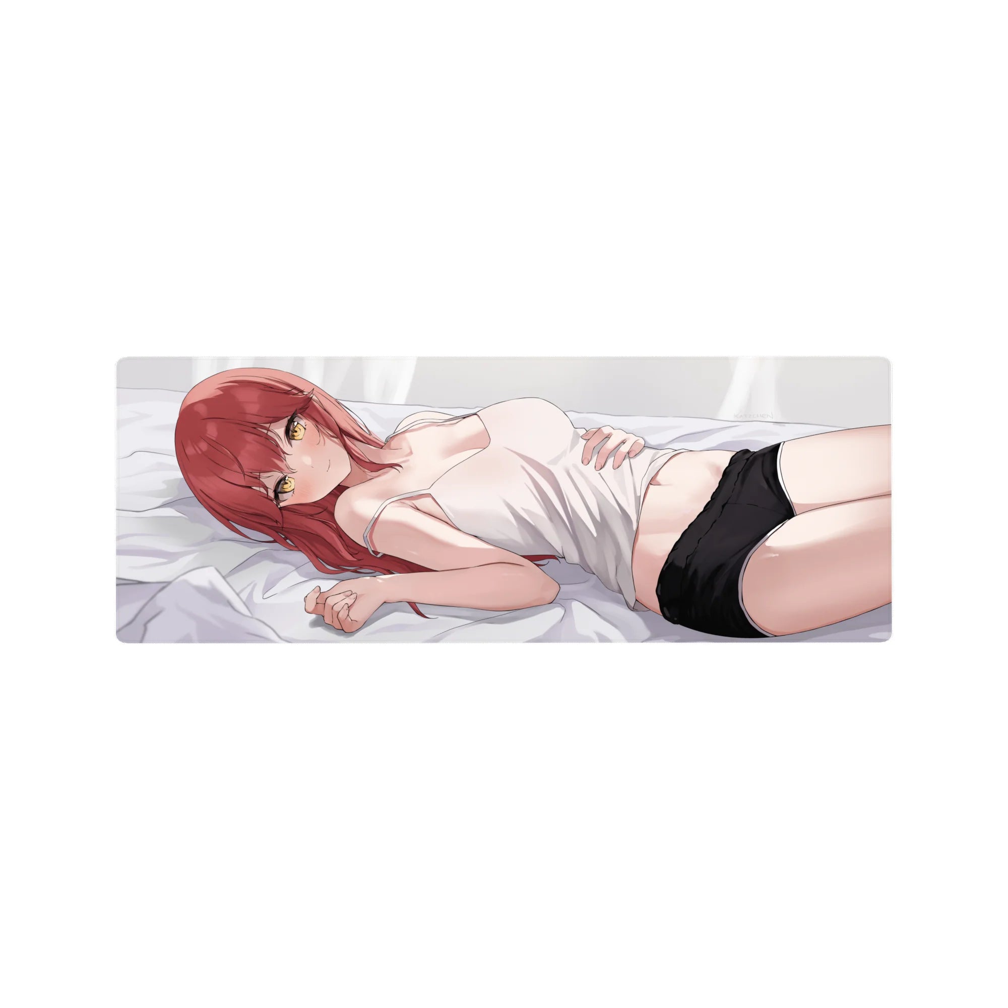 32x12 inches anime girl mouse pad with red-haired, golden-eyed girl in white camisole and black shorts.