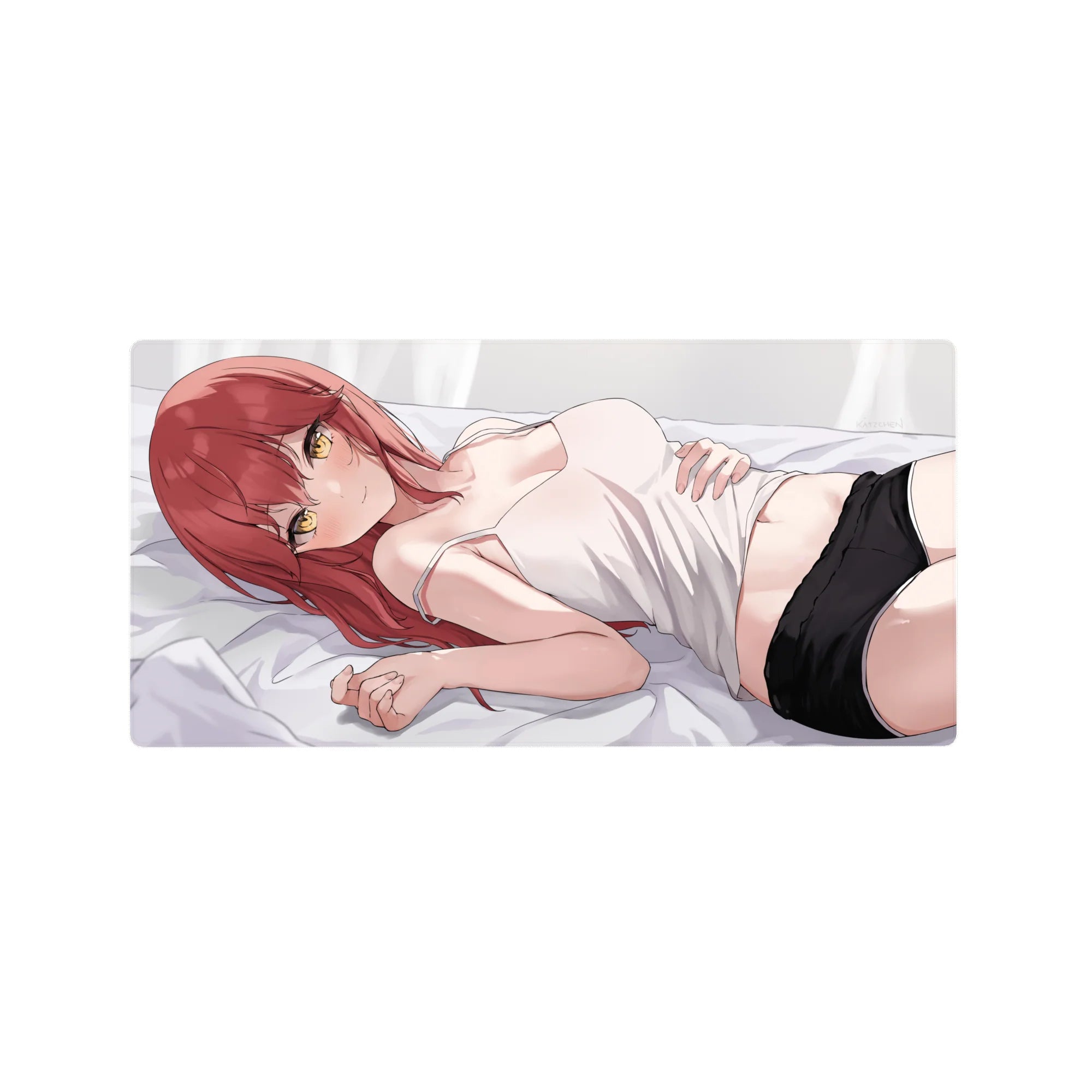 32x16 inches anime girl mouse pad with red-haired gamer girl art on bed, smooth extended desk mat.