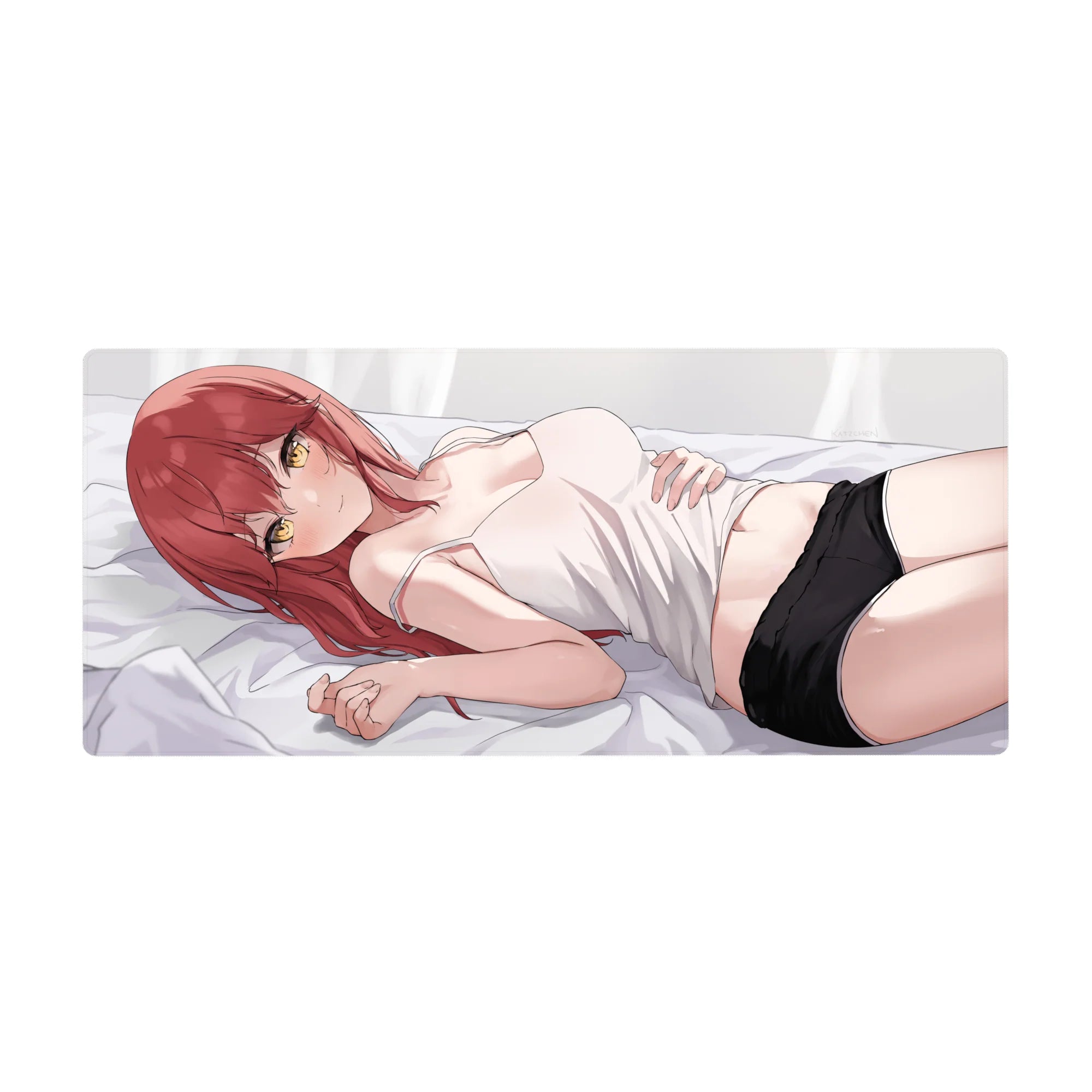 Anime girl desk pad 36x16 inches with red-haired flirty gamer vibe art on a soft bed scene.
