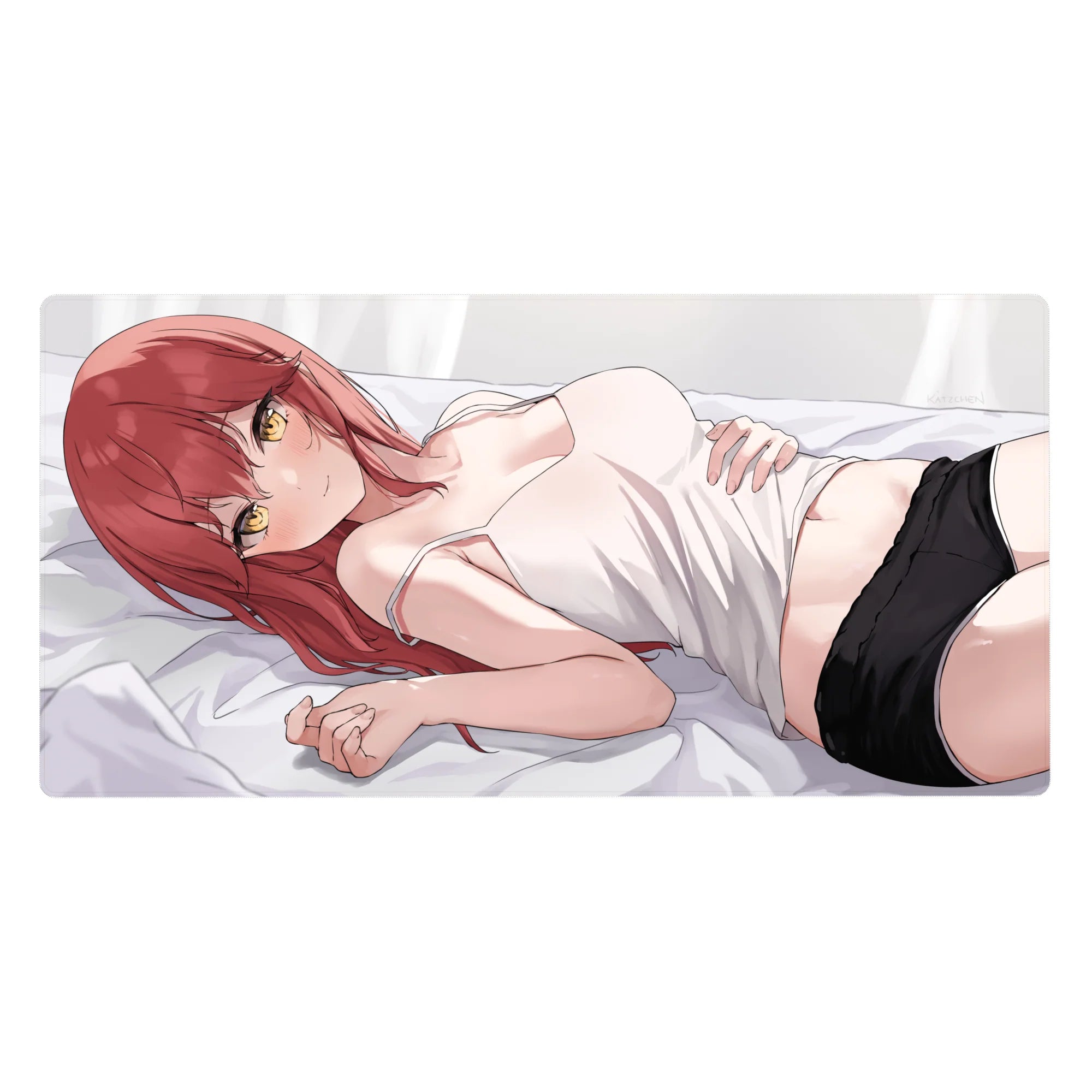 Anime girl desk pad 40x20 inches with red-haired gamer girl art on bed, smooth mouse tracking.